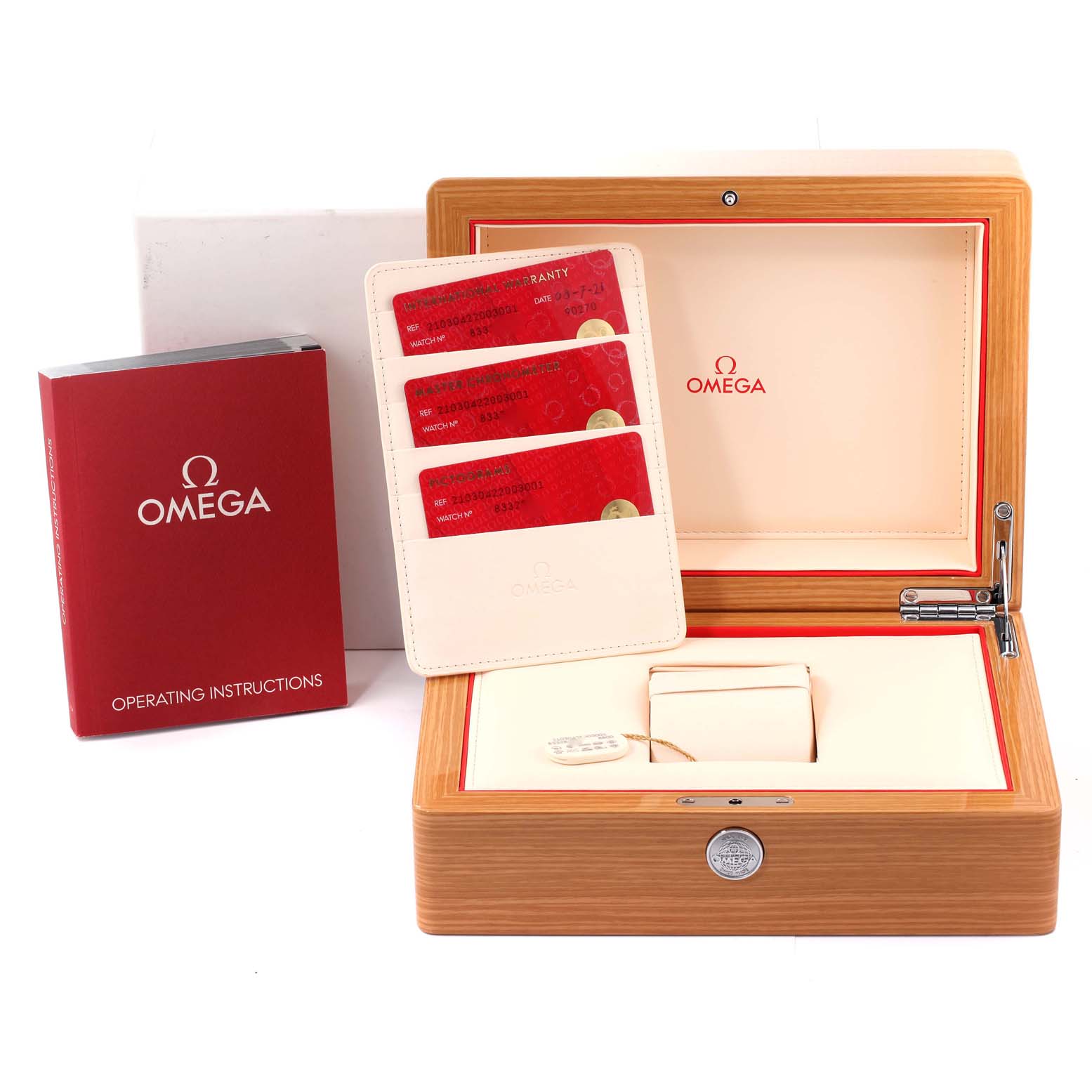 The image shows an Omega Seamaster 210.30.42.20.03.001 Men's Stainless Steel Blue Dial 210.30.42.20.03.001 Men's Stainless Steel Blue Dial watch's accessories, including the operation manual, warranty cards, and the wooden storage box.