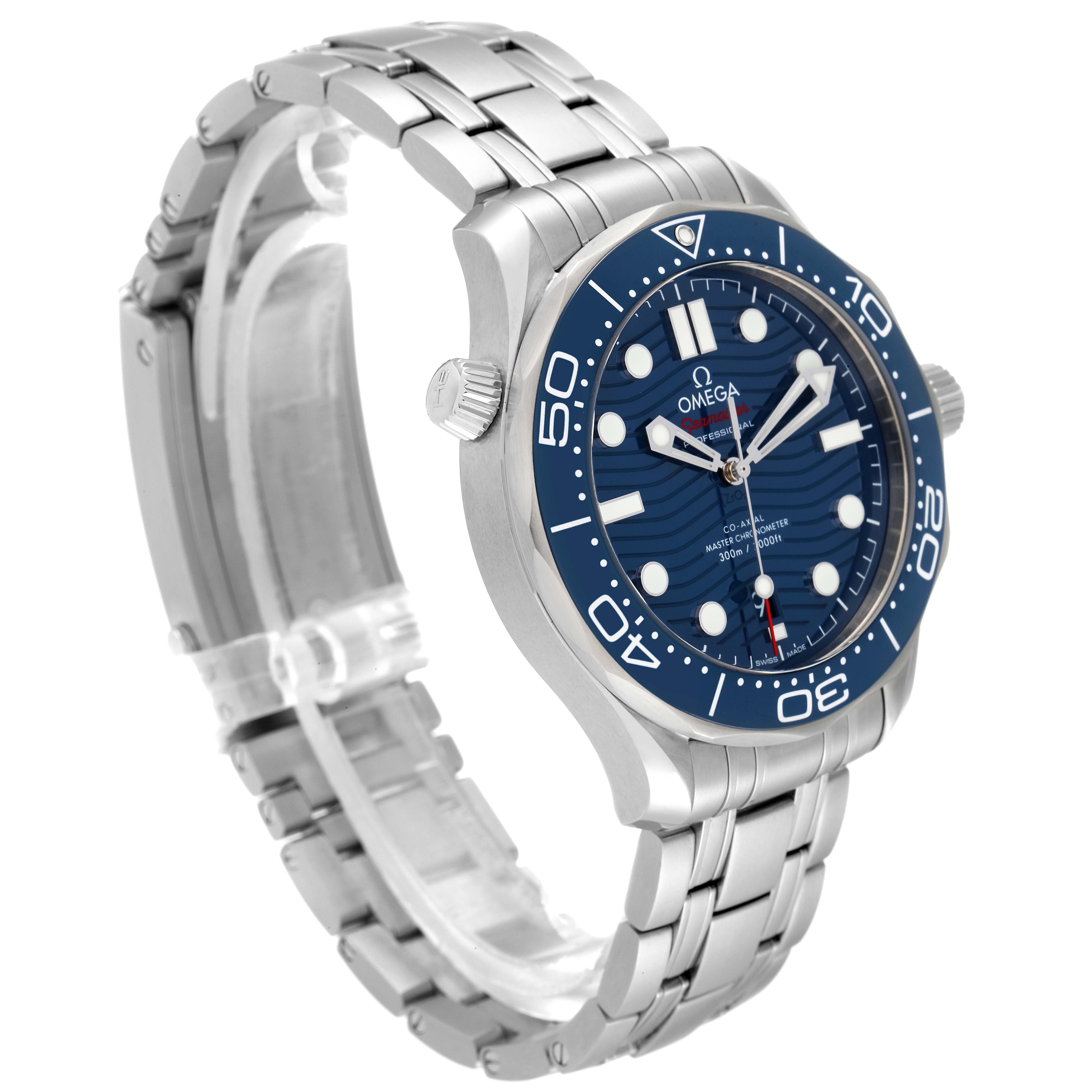 The Omega Seamaster 210.30.42.20.03.001 Men's Stainless Steel Blue Dial 210.30.42.20.03.001 Men's Stainless Steel Blue Dial watch is shown at an oblique angle, highlighting its face, bezel, crown, and metal bracelet.
