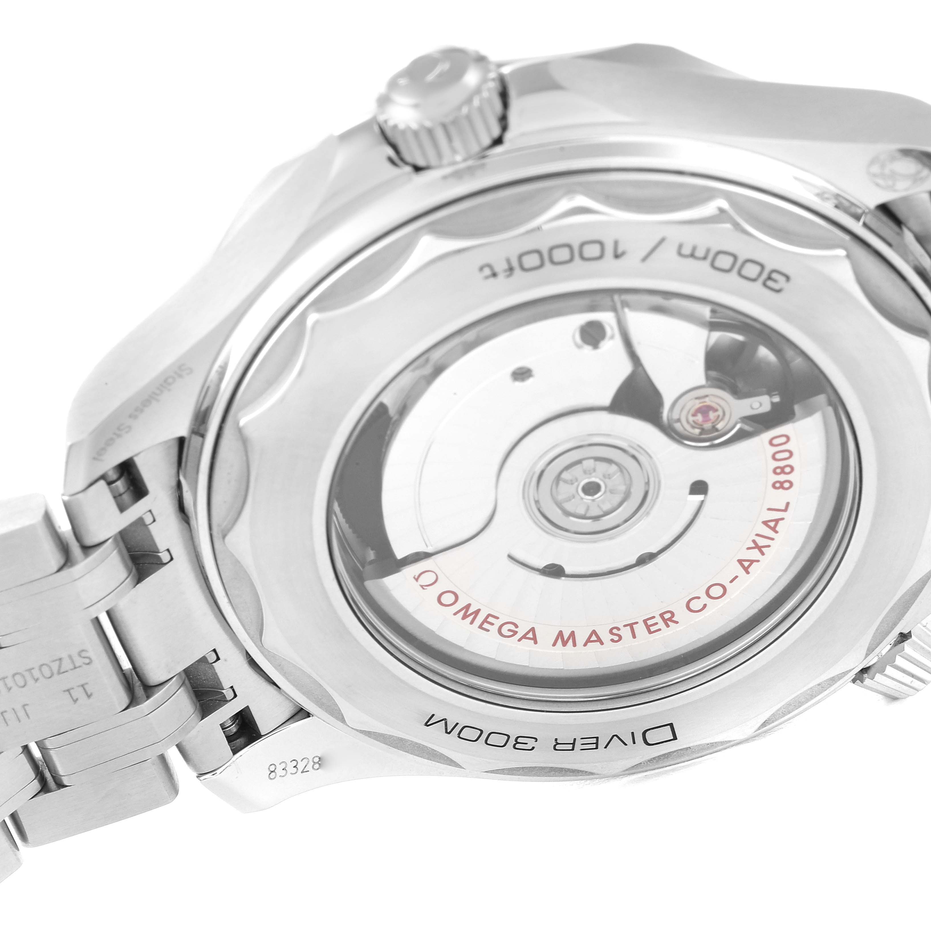 The image shows the back of an Omega Seamaster 210.30.42.20.03.001 Men's Stainless Steel Blue Dial 210.30.42.20.03.001 Men's Stainless Steel Blue Dial watch, revealing the movement and the case back.