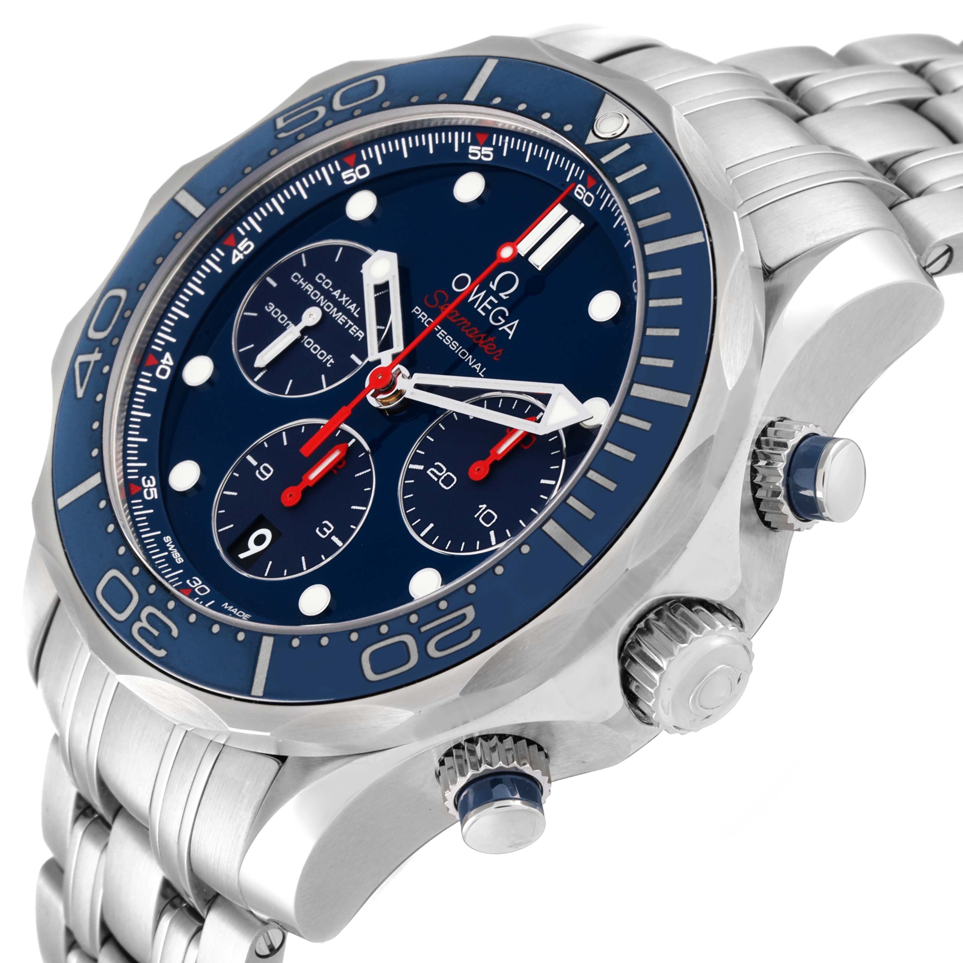 The image shows a side and front angle of the Omega Seamaster 212.30.44.50.03.001 Men's Stainless Steel Blue Dial 212.30.44.50.03.001 Men's Stainless Steel Blue Dial watch, highlighting the bezel, dial, and bracelet.