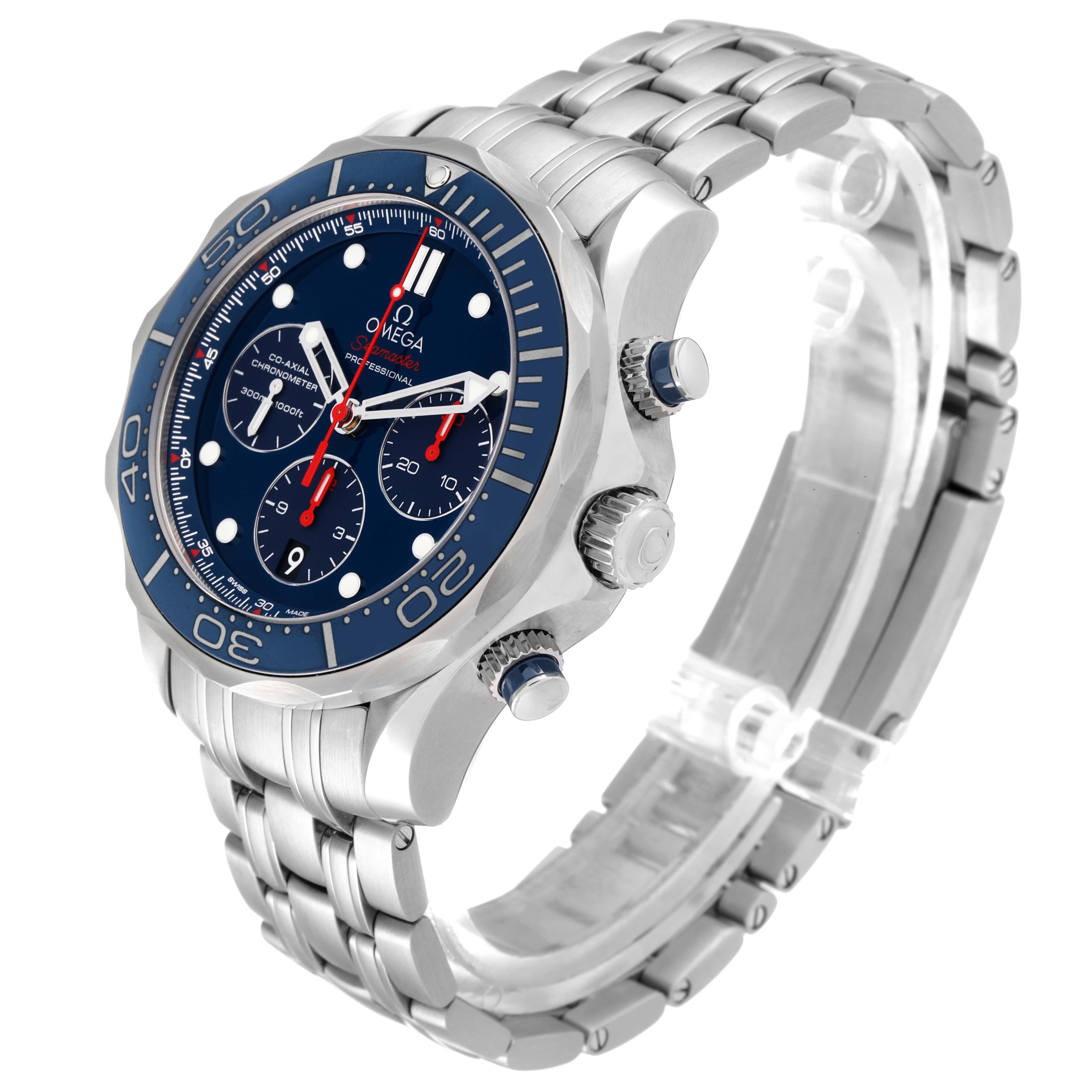 The image shows an oblique angle of an Omega Seamaster 212.30.44.50.03.001 Men's Stainless Steel Blue Dial 212.30.44.50.03.001 Men's Stainless Steel Blue Dial watch, highlighting the face, bezel, and metal bracelet.