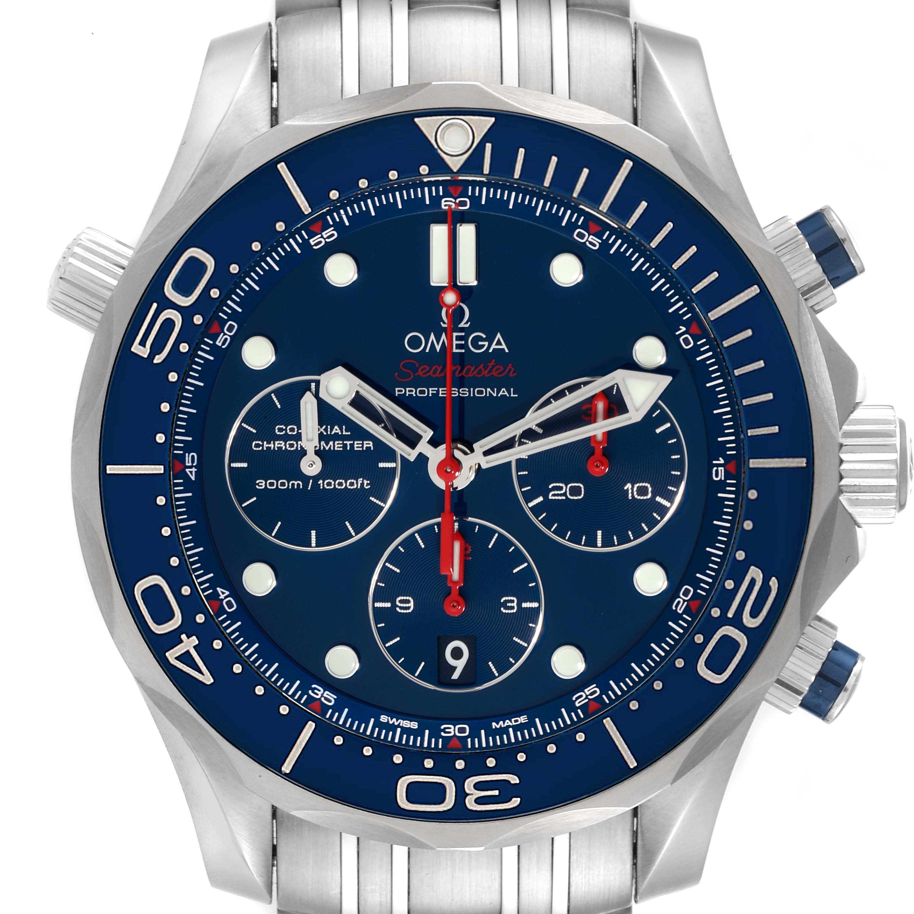 This image shows a front view of the Omega Seamaster 212.30.44.50.03.001 Men's Stainless Steel Blue Dial 212.30.44.50.03.001 Men's Stainless Steel Blue Dial watch, highlighting its blue dial, chronograph subdials, and steel case.