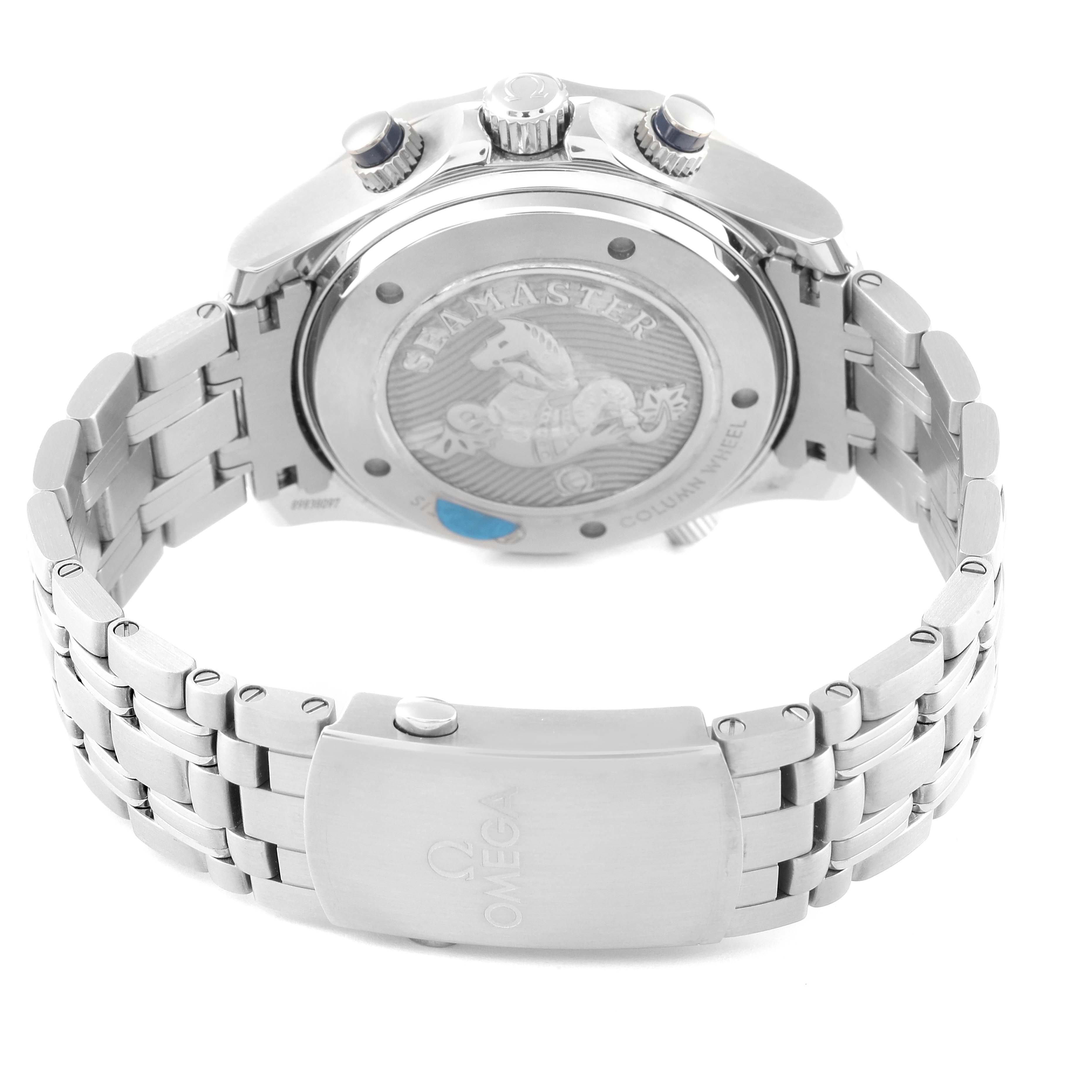The image shows the back case, crown, and bracelet of the Omega Seamaster 212.30.44.50.03.001 Men's Stainless Steel Blue Dial 212.30.44.50.03.001 Men's Stainless Steel Blue Dial watch.