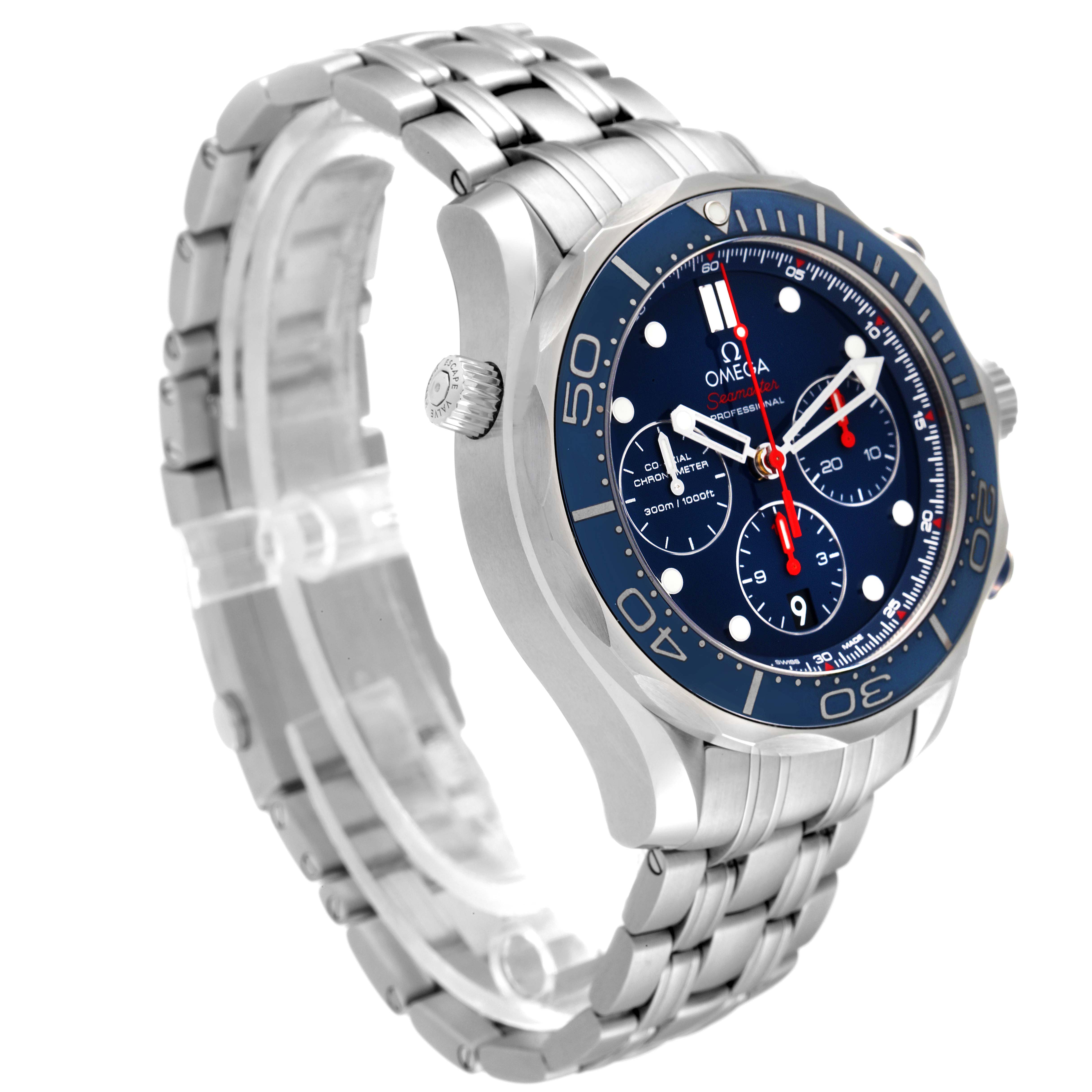 The image shows a side angle of the Omega Seamaster 212.30.44.50.03.001 Men's Stainless Steel Blue Dial 212.30.44.50.03.001 Men's Stainless Steel Blue Dial watch, highlighting the face, bezel, and metal bracelet.
