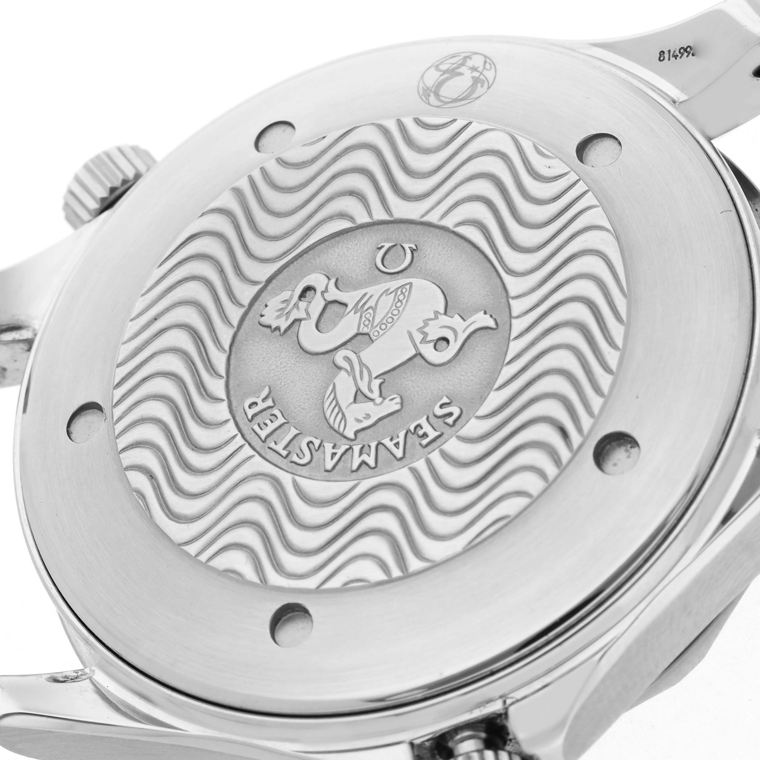 The image shows the case back of an Omega Seamaster 2254.50.00 Men
s Stainless Steel Black Dial 2254.50.00 Men
s Stainless Steel Black Dial watch with engraved seam motif and logo.