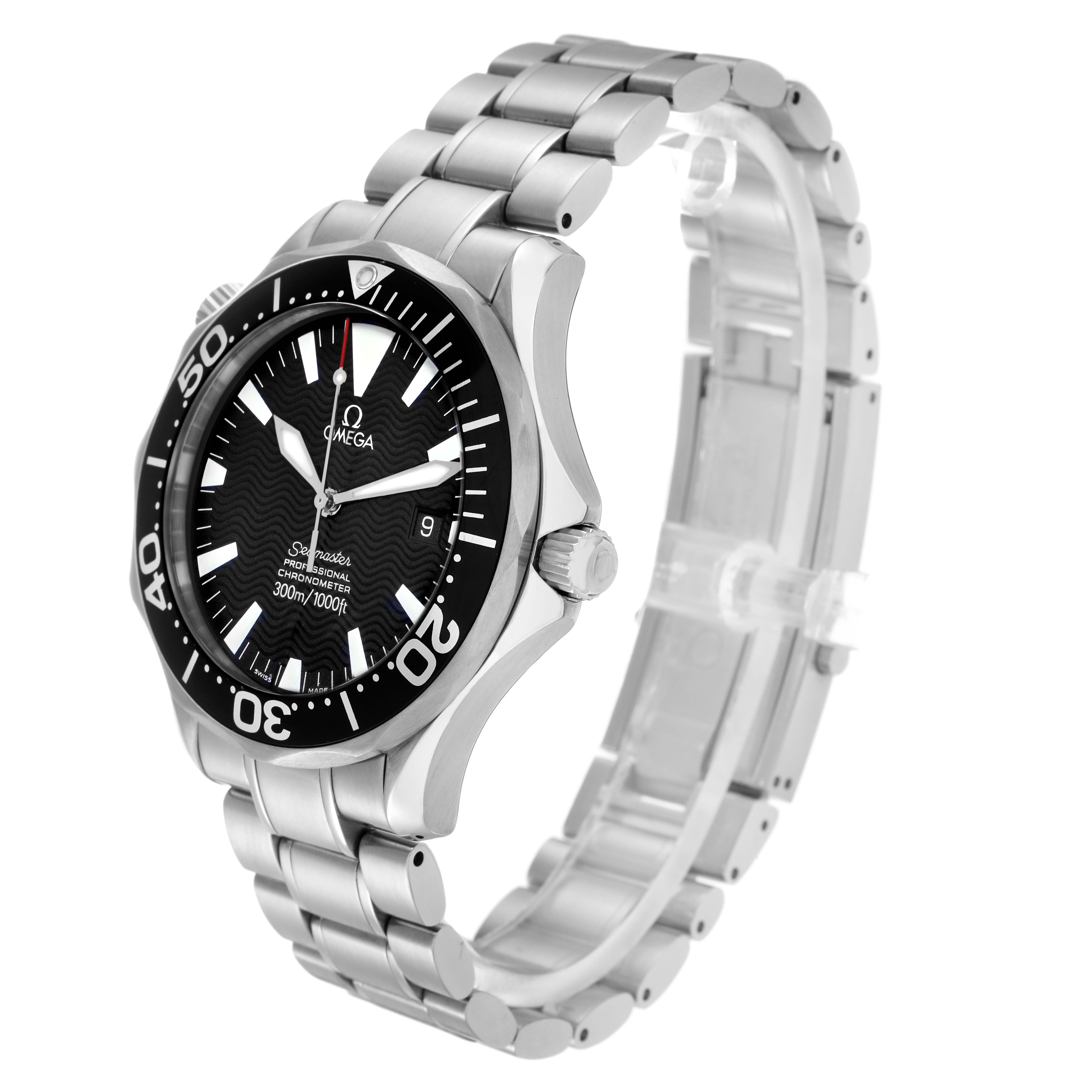 The Omega Seamaster 2254.50.00 Men
s Stainless Steel Black Dial 2254.50.00 Men
s Stainless Steel Black Dial watch is shown at a slight side angle, highlighting the face, bezel, crown, and stainless steel bracelet.