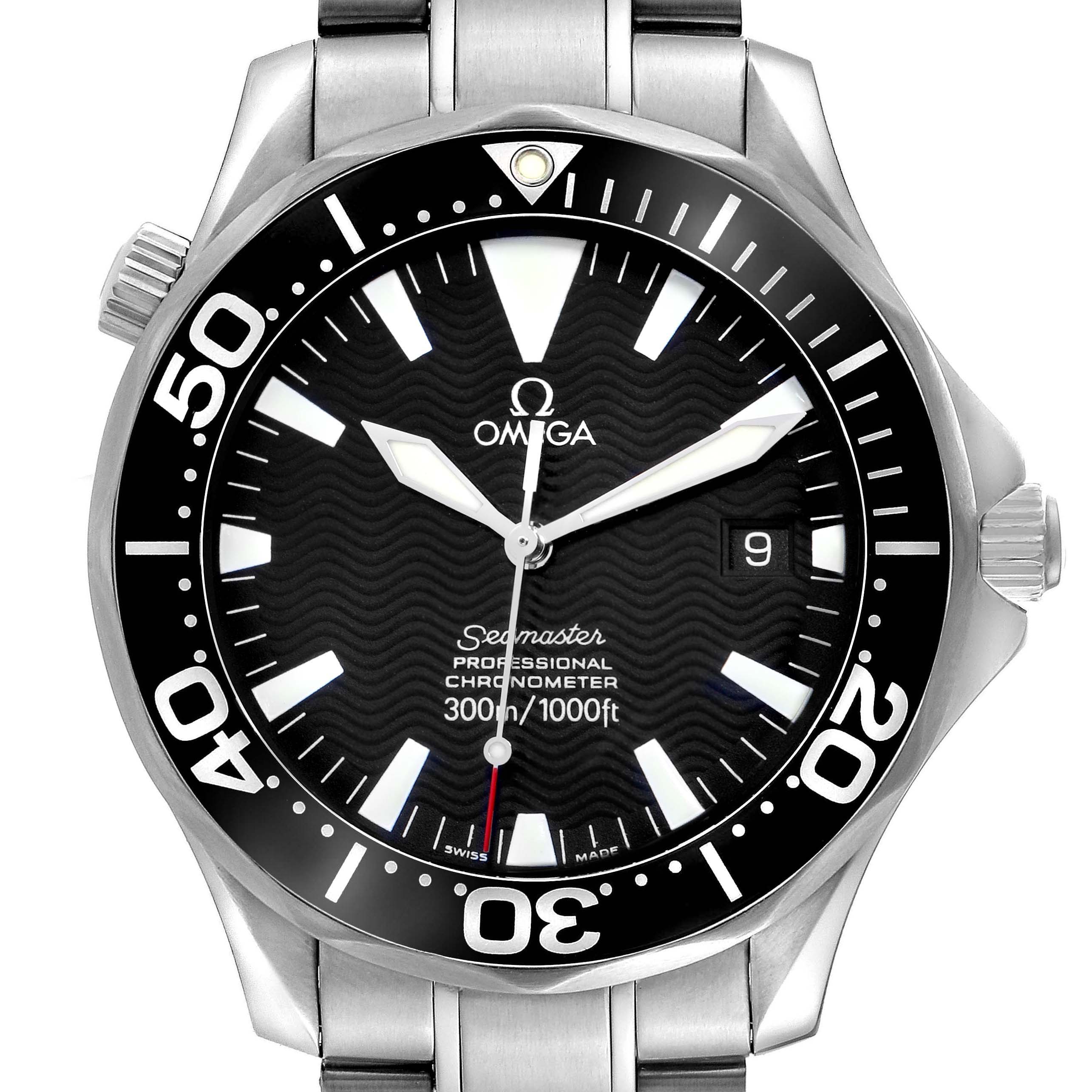 The Omega Seamaster 2254.50.00 Men
s Stainless Steel Black Dial 2254.50.00 Men
s Stainless Steel Black Dial watch is shown from the front, highlighting its dial, bezel, and part of the bracelet.