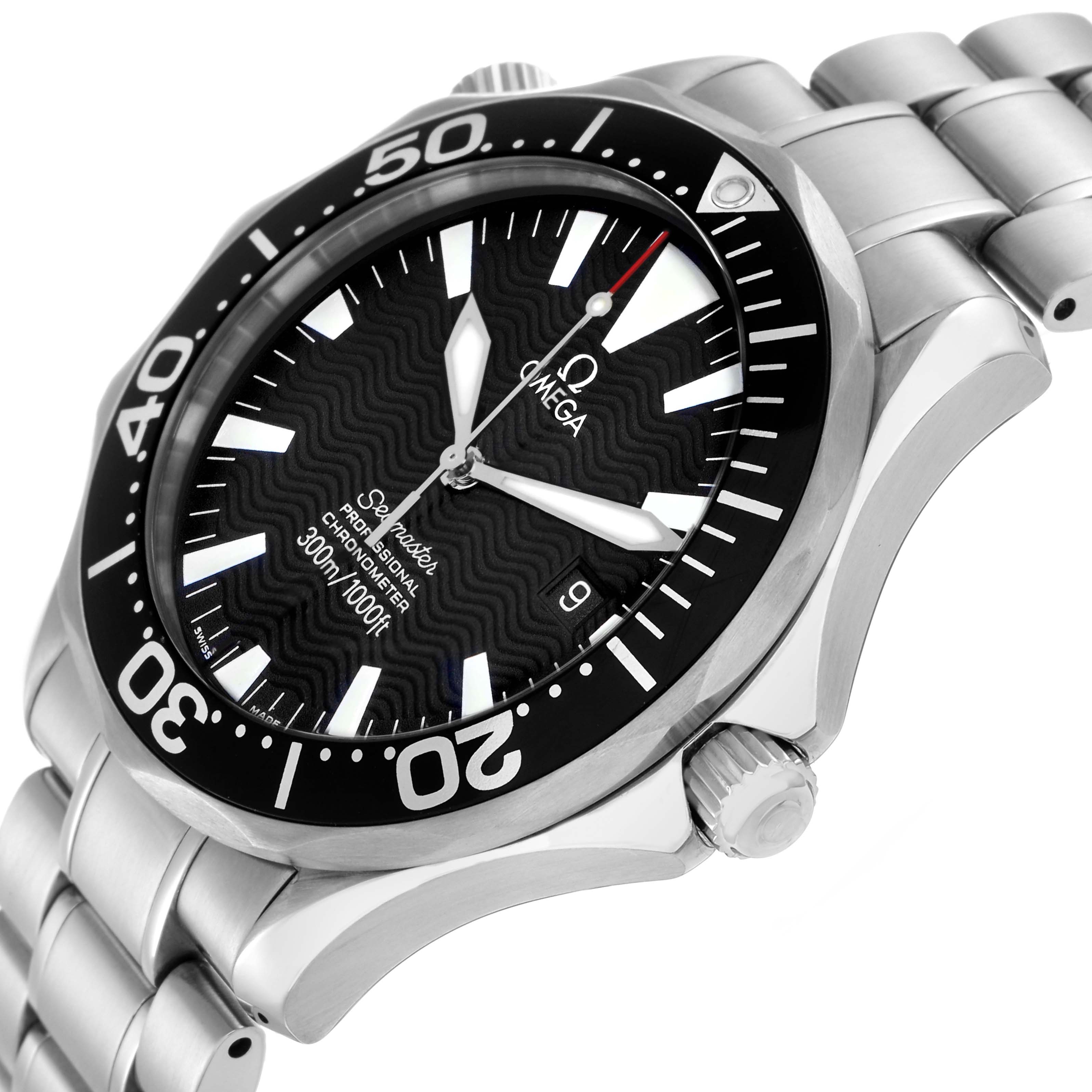 The Omega Seamaster 2254.50.00 Men
s Stainless Steel Black Dial 2254.50.00 Men
s Stainless Steel Black Dial watch is shown from a side view, highlighting the bezel, crown, dial, and bracelet.