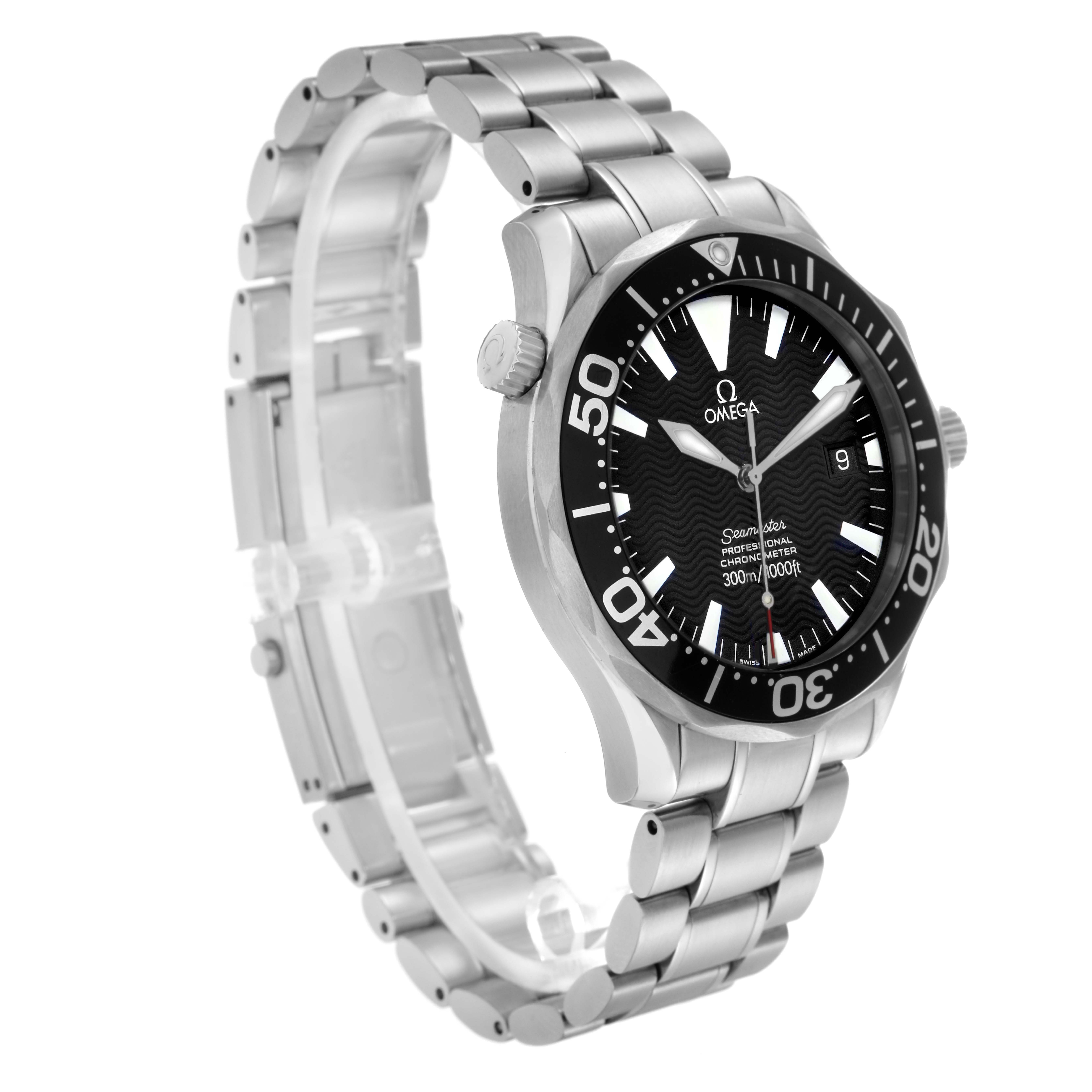 The Omega Seamaster 2254.50.00 Men
s Stainless Steel Black Dial 2254.50.00 Men
s Stainless Steel Black Dial watch is shown at a three-quarter angle, revealing the dial, bezel, crown, and bracelet.