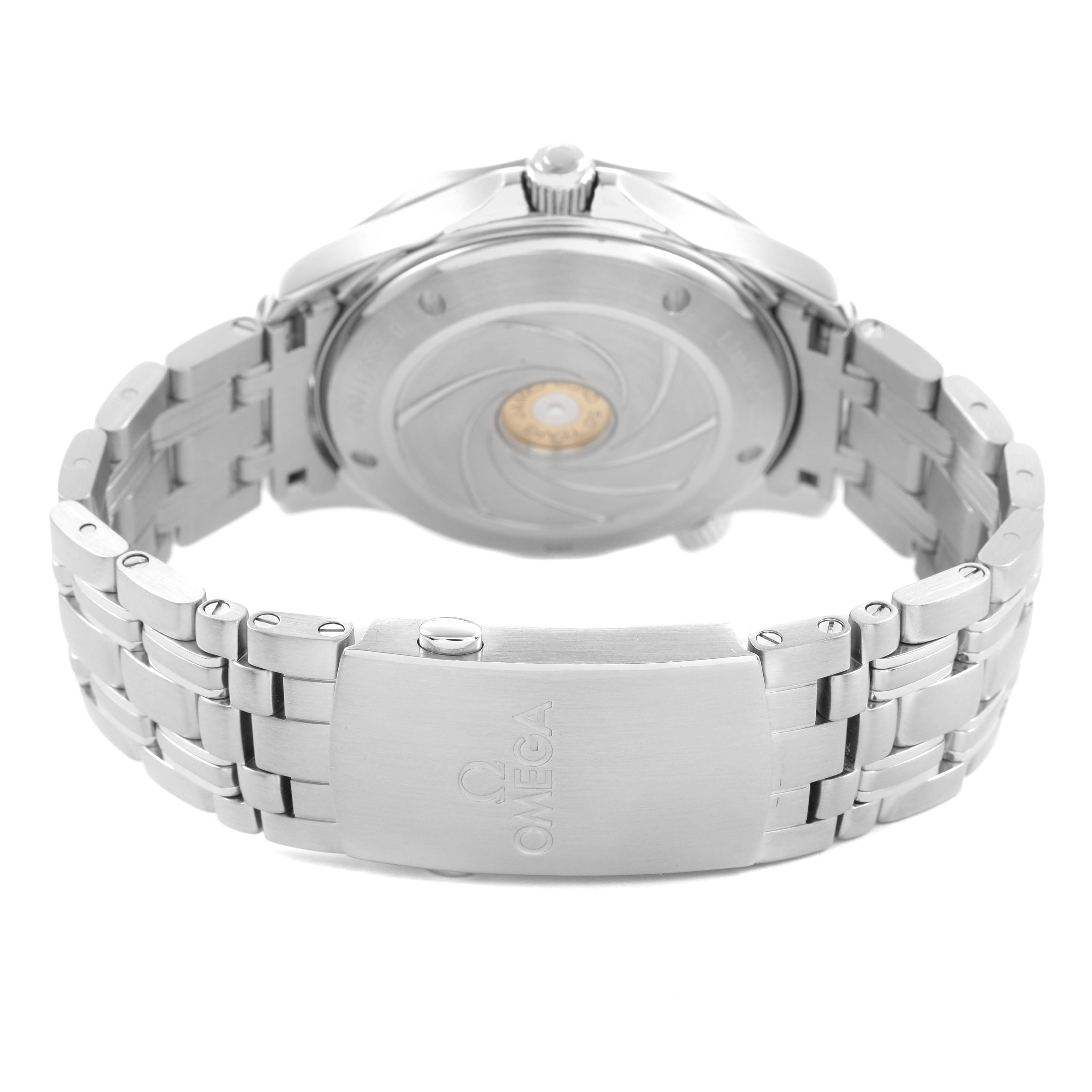 The Omega Seamaster 212.30.41.20.01.005 Men's Stainless Steel Black Dial watch is shown from the back, highlighting its case back and metal bracelet with the Omega logo on the clasp.