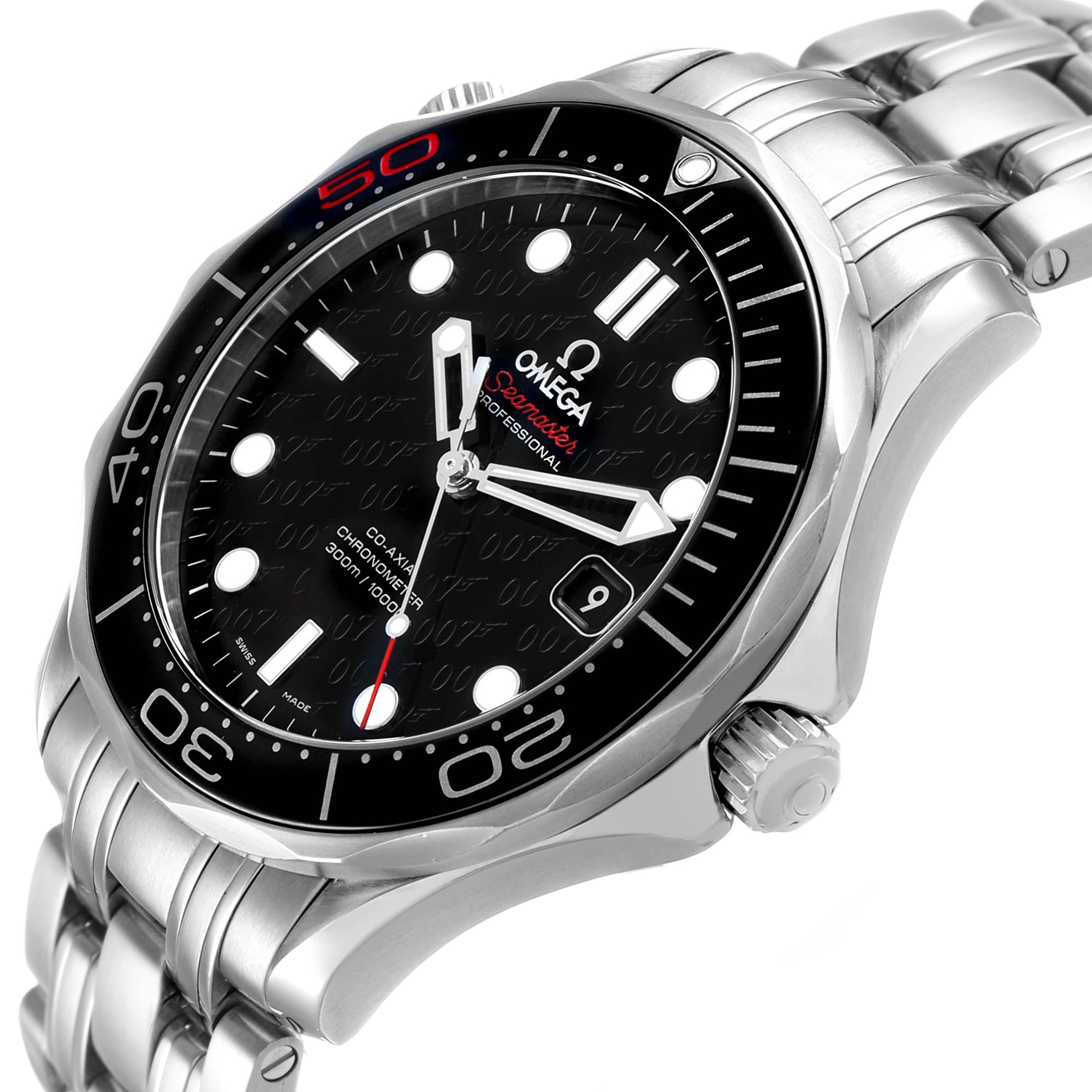 The Omega Seamaster 212.30.41.20.01.005 Men's Stainless Steel Black Dial watch is shown at an oblique angle, highlighting the face, bezel, crown, and part of the metal bracelet.