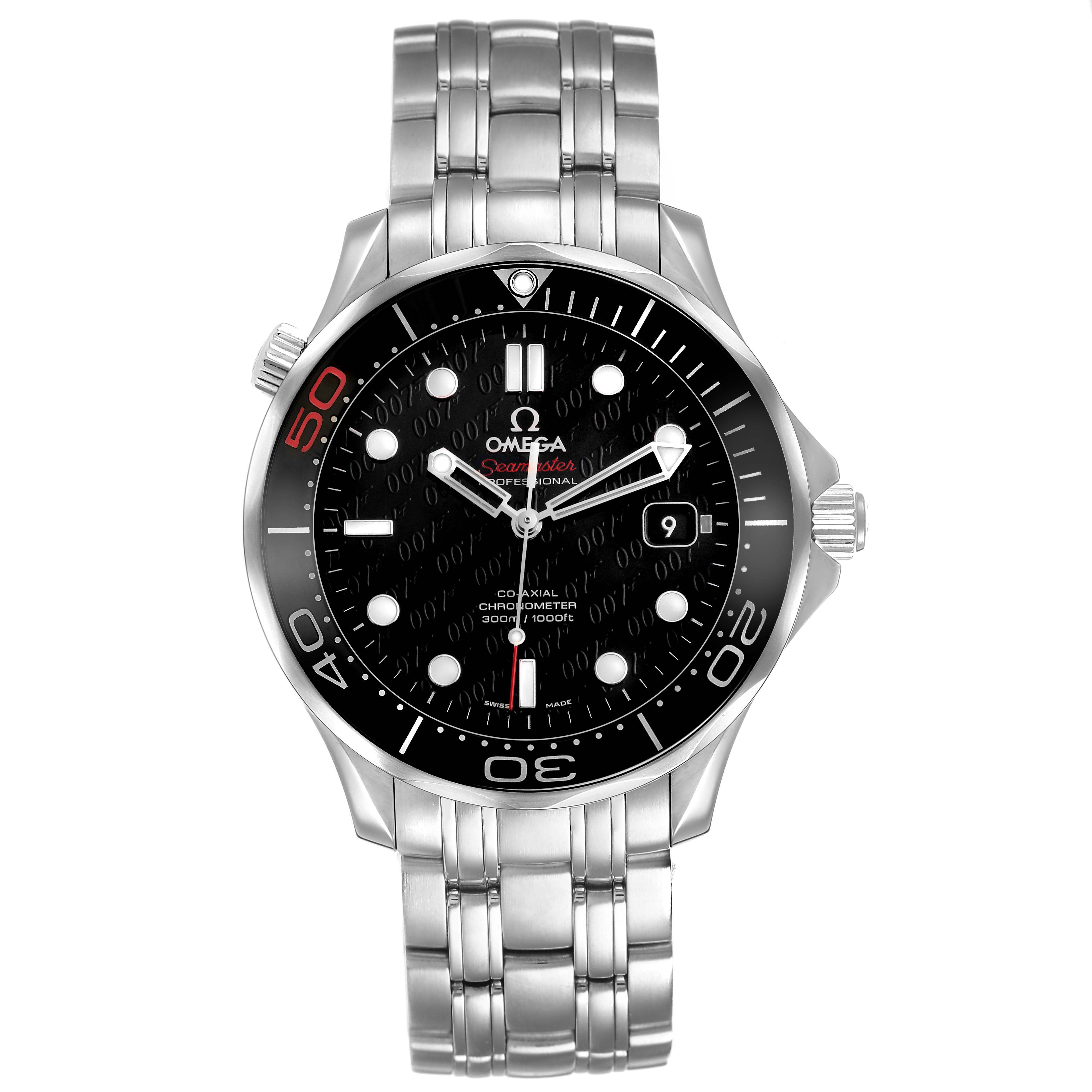 The Omega Seamaster 212.30.41.20.01.005 Men's Stainless Steel Black Dial watch is shown from a front angle, displaying its dial, bezel, case, and stainless steel bracelet.