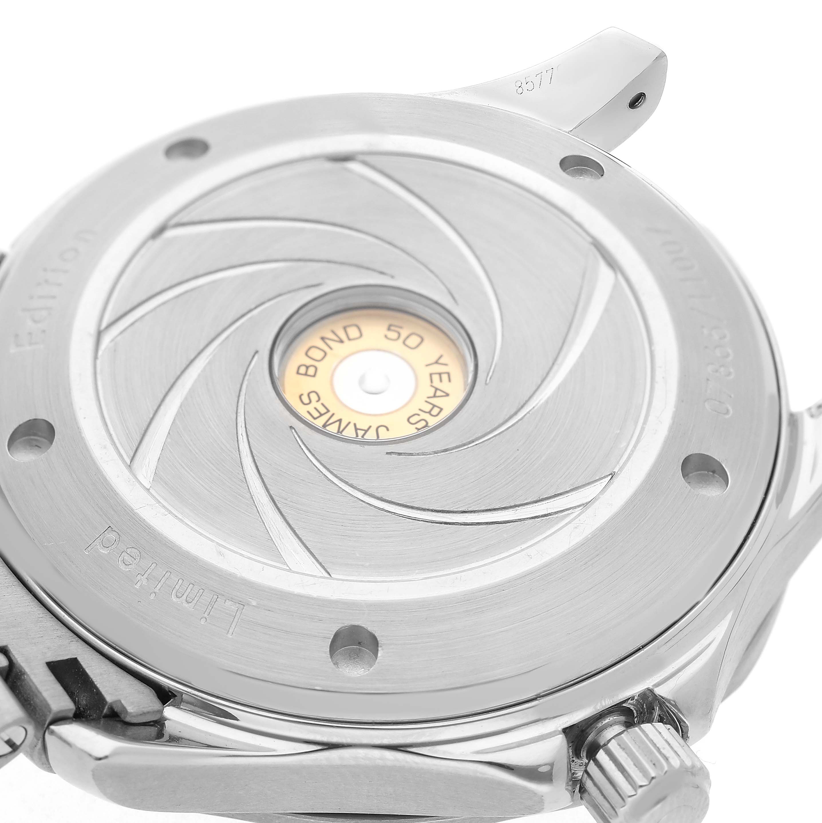 The Omega Seamaster 212.30.41.20.01.005 Men's Stainless Steel Black Dial watch is shown from the back, highlighting its caseback and crown.