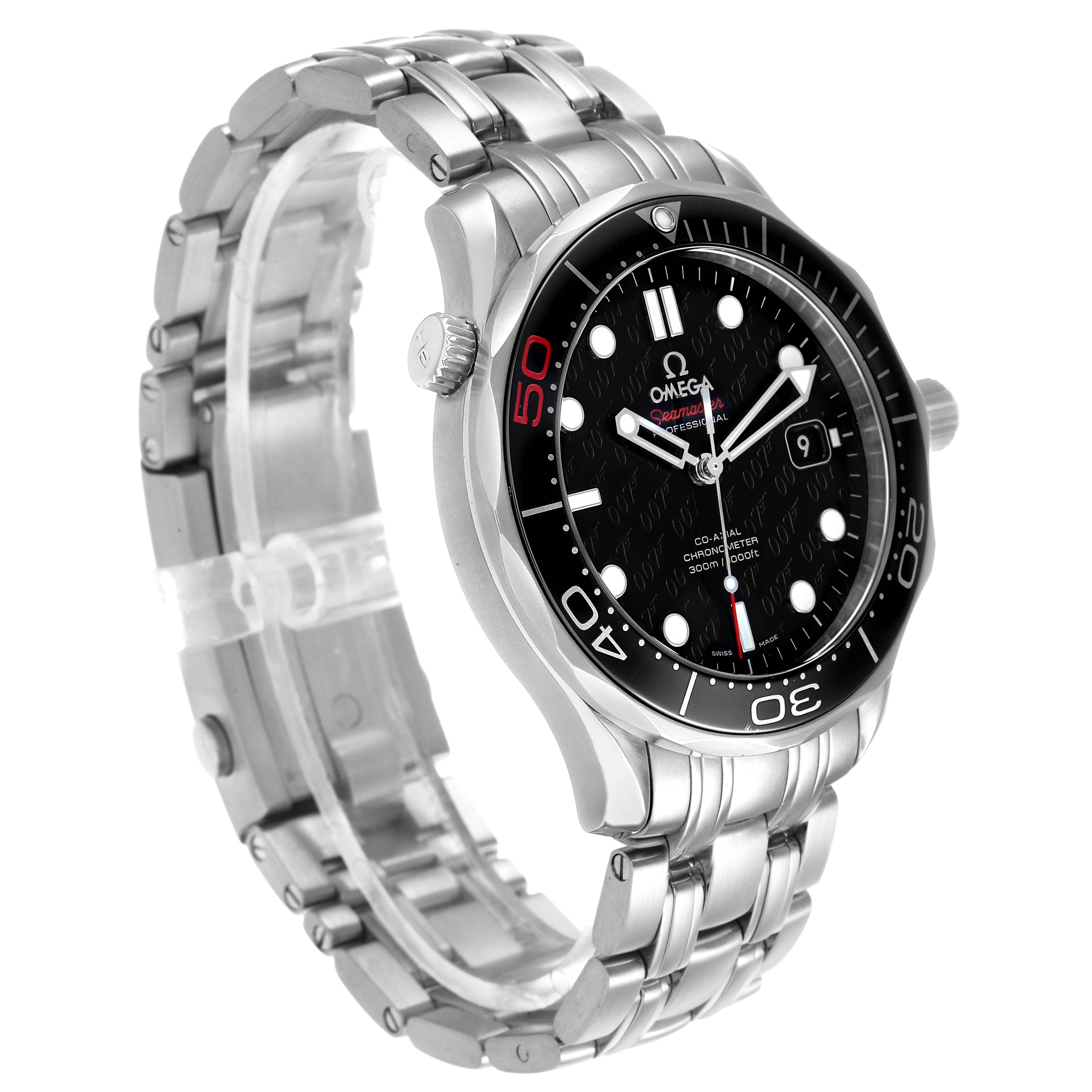 The image shows a side angle of the Omega Seamaster 212.30.41.20.01.005 Men's Stainless Steel Black Dial, displaying its bezel, crown, and bracelet.