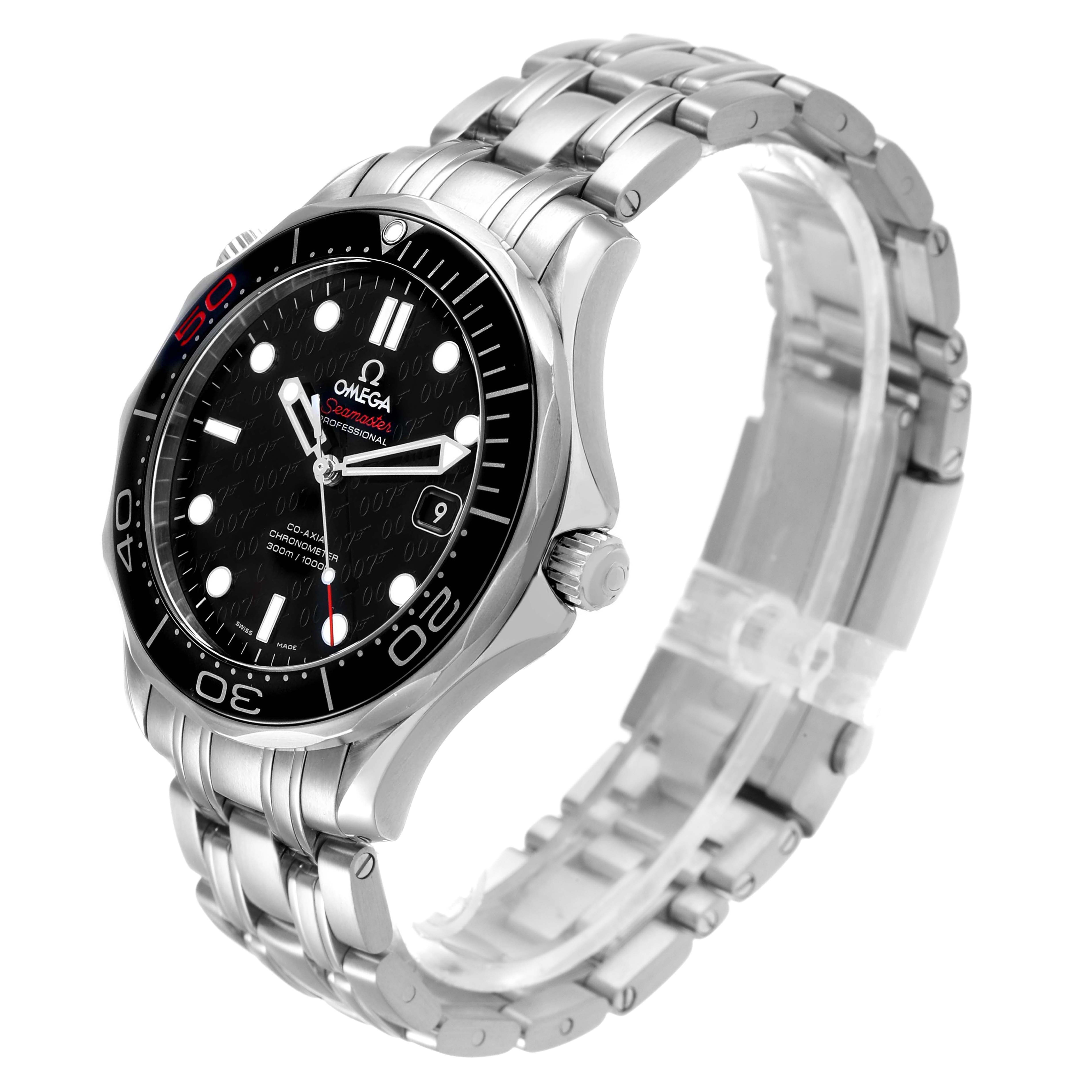 The Omega Seamaster 212.30.41.20.01.005 Men's Stainless Steel Black Dial watch is shown at a three-quarter angled view, highlighting the dial, bezel, and stainless steel bracelet.