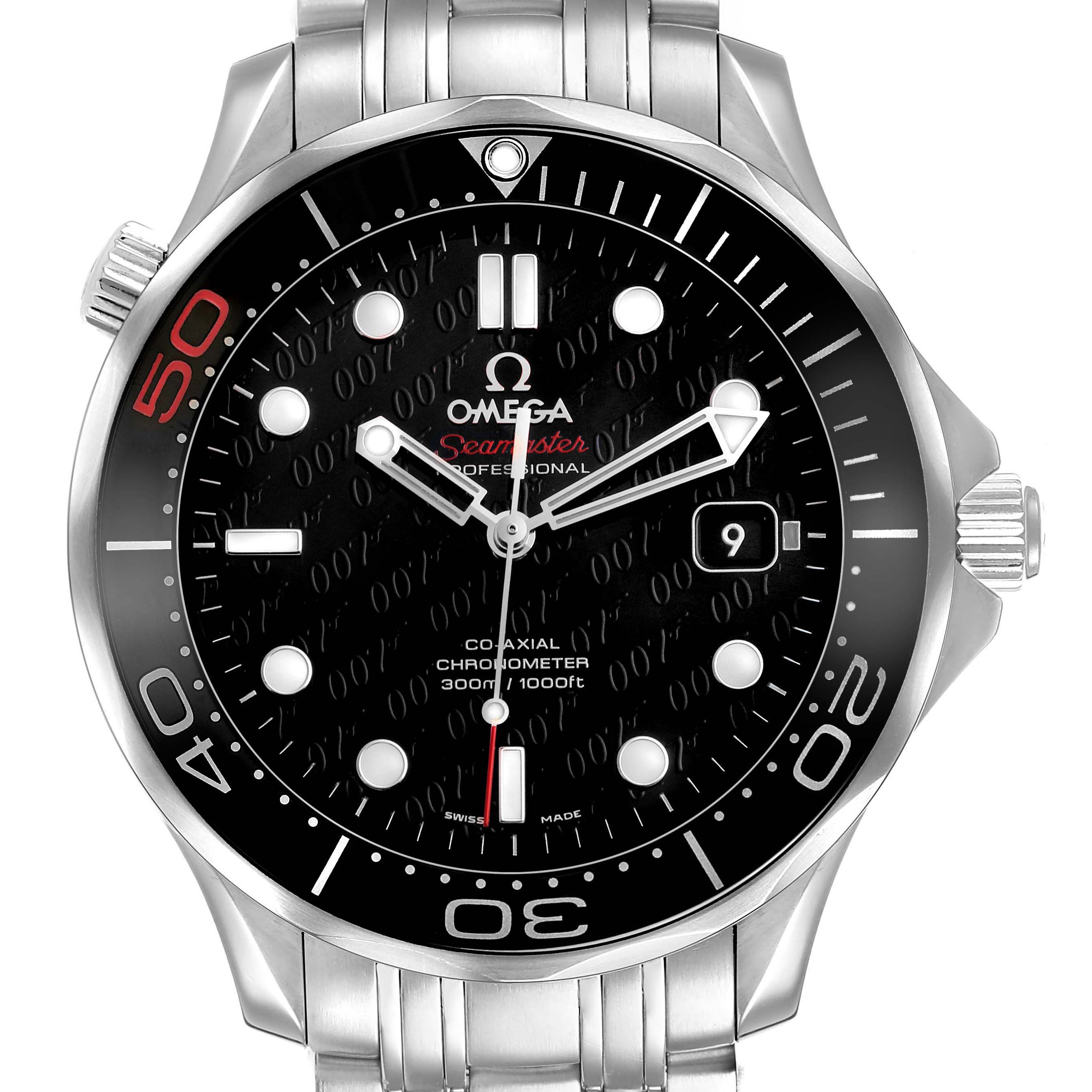 The Omega Seamaster 212.30.41.20.01.005 Men's Stainless Steel Black Dial watch is shown from the front, detailing its black dial, date window, and metal bracelet.