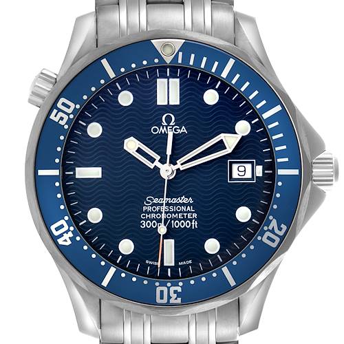 The Omega Seamaster watch is shown from a front angle, highlighting the face, bezel, and crown.