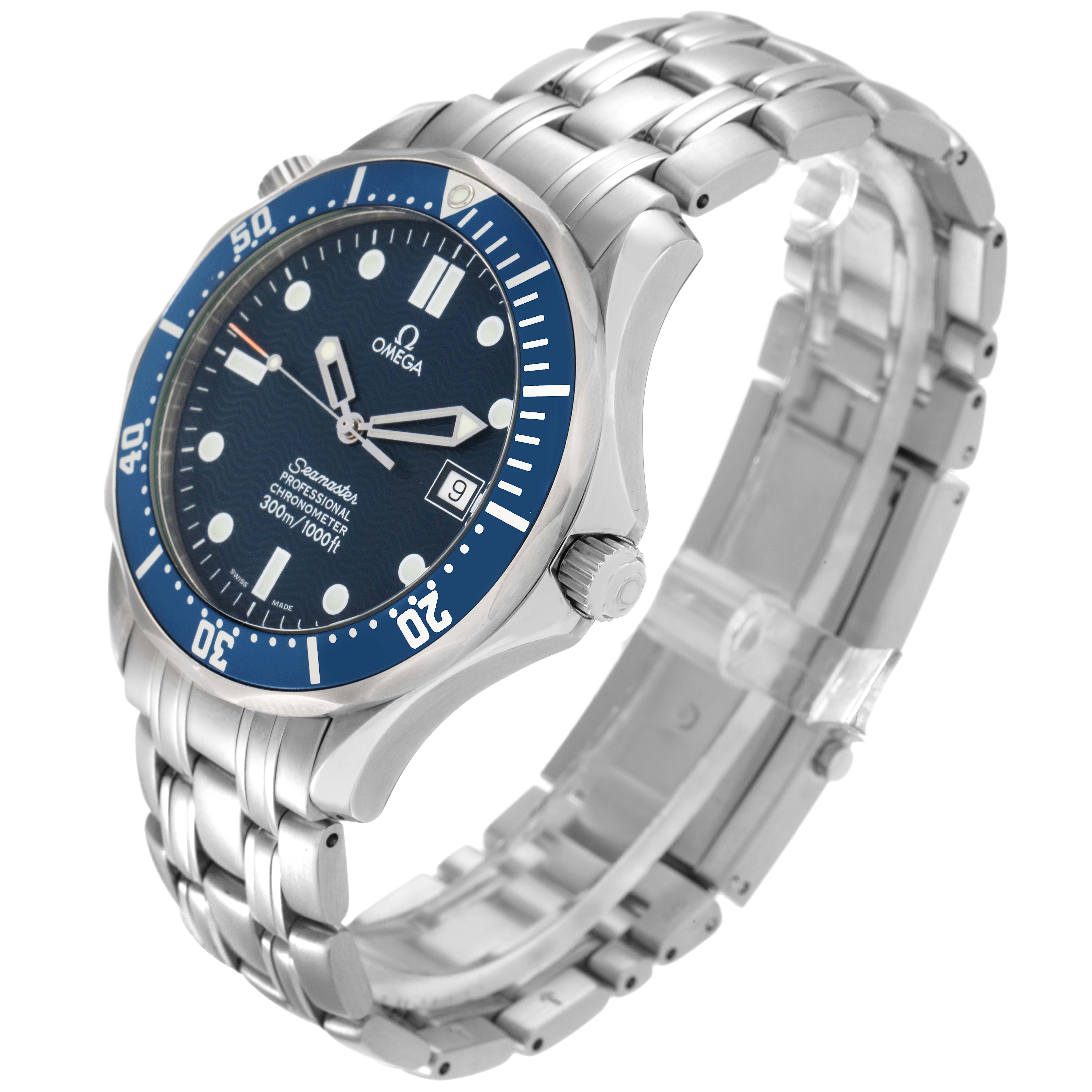 The Omega Seamaster 2531.80.00 Men
s Stainless Steel Blue Dial 2531.80.00 Men
s Stainless Steel Blue Dial watch is shown at a three-quarter angle, highlighting the dial, bezel, crown, and stainless steel bracelet.