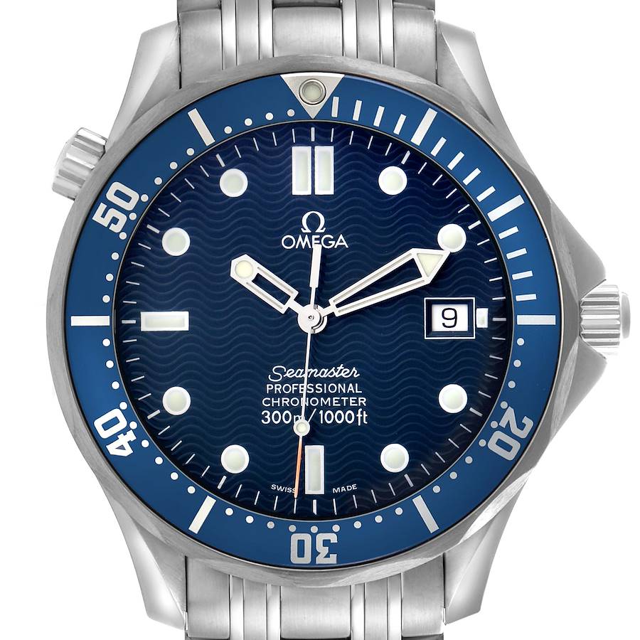 The Omega Seamaster watch is shown from the front, highlighting the dial, bezel, and stainless steel bracelet.