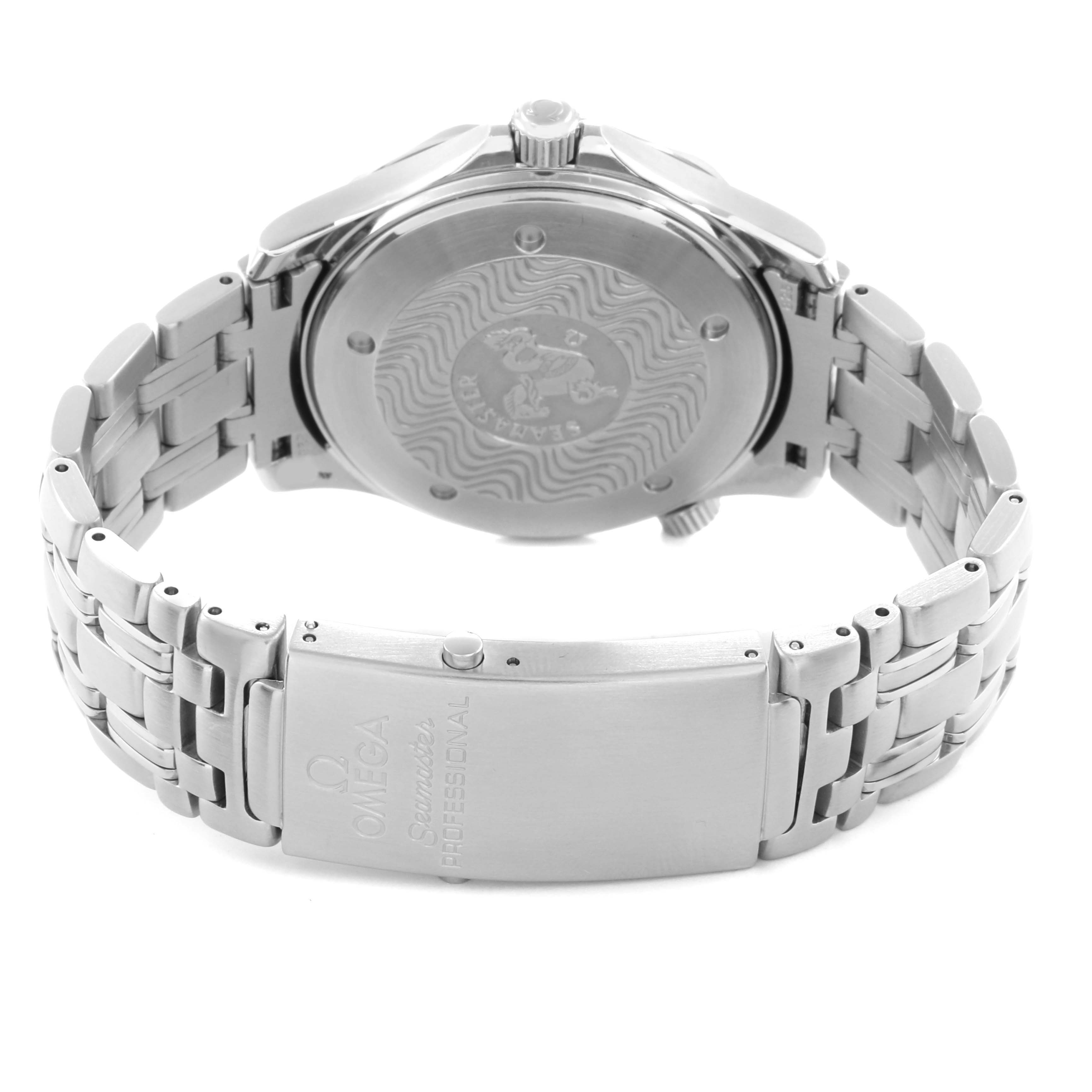 The Omega Seamaster 2531.80.00 Men
s Stainless Steel Blue Dial 2531.80.00 Men
s Stainless Steel Blue Dial watch is shown from the back, highlighting the case back, crown, and clasp of the bracelet.