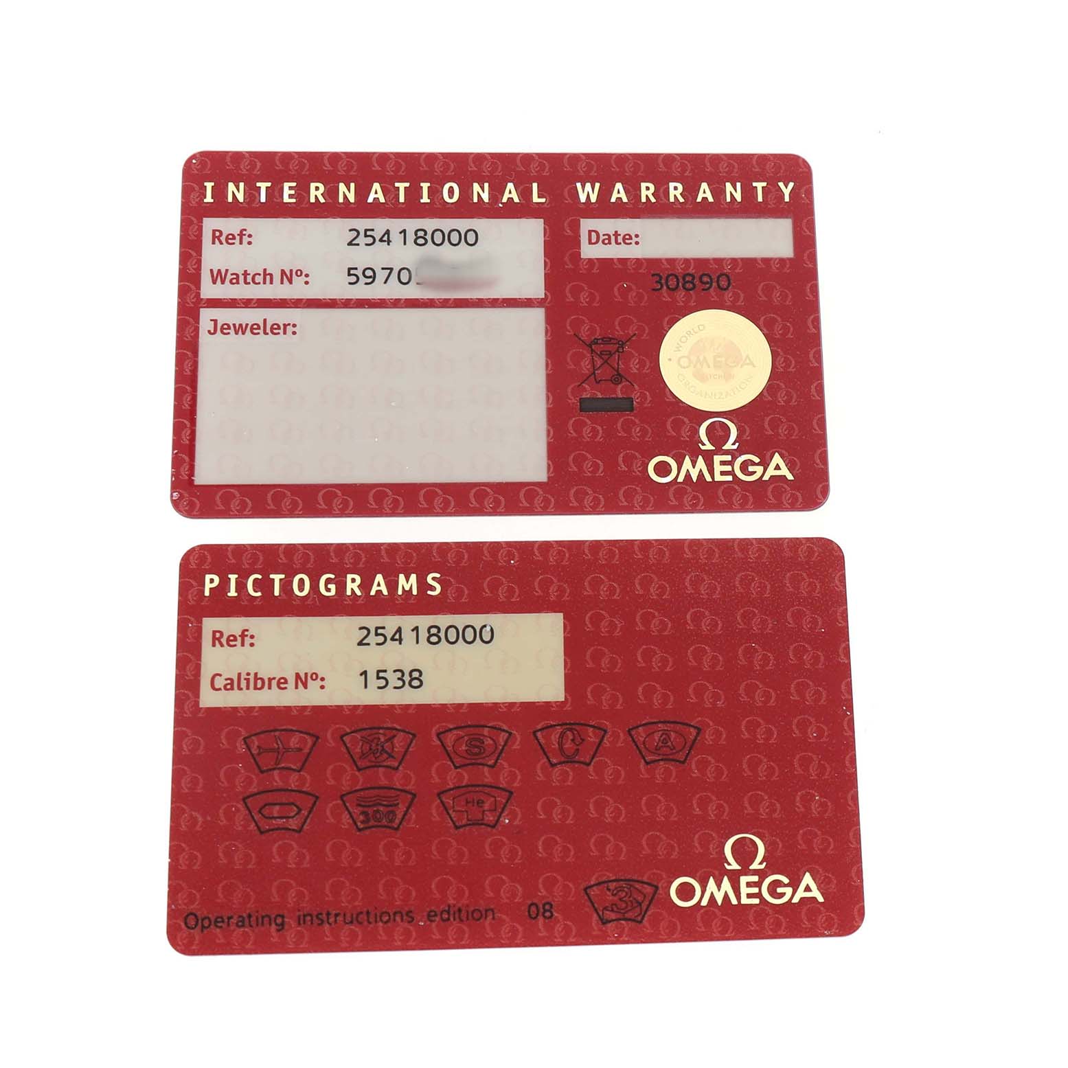 The image shows two red cards for an Omega Seamaster 2541.80.00 Men's Stainless Steel Blue Dial watch: an International Warranty card and a Pictograms card.