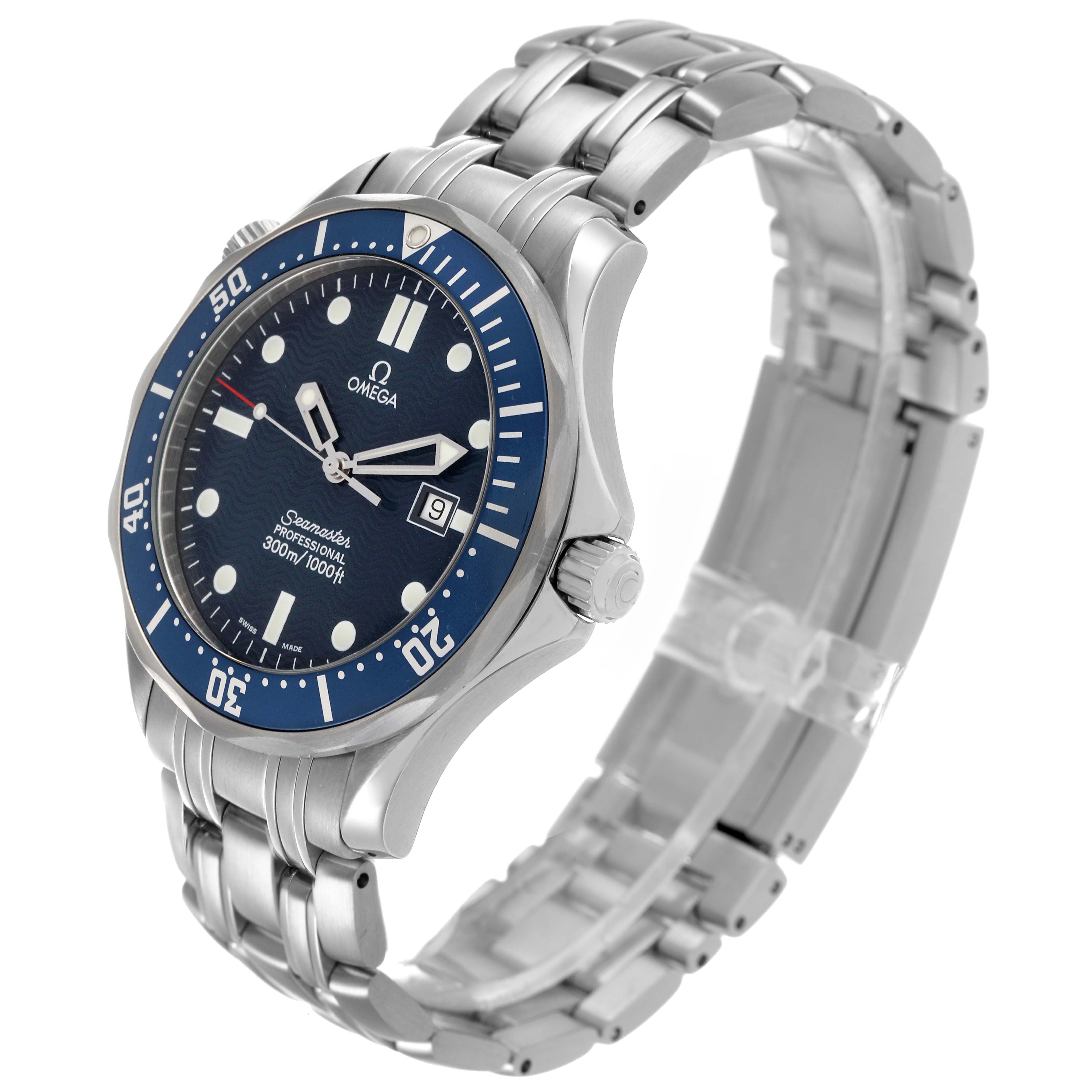 The Omega Seamaster 2541.80.00 Men's Stainless Steel Blue Dial watch is shown in a three-quarter view, highlighting its dial, bezel, and bracelet.