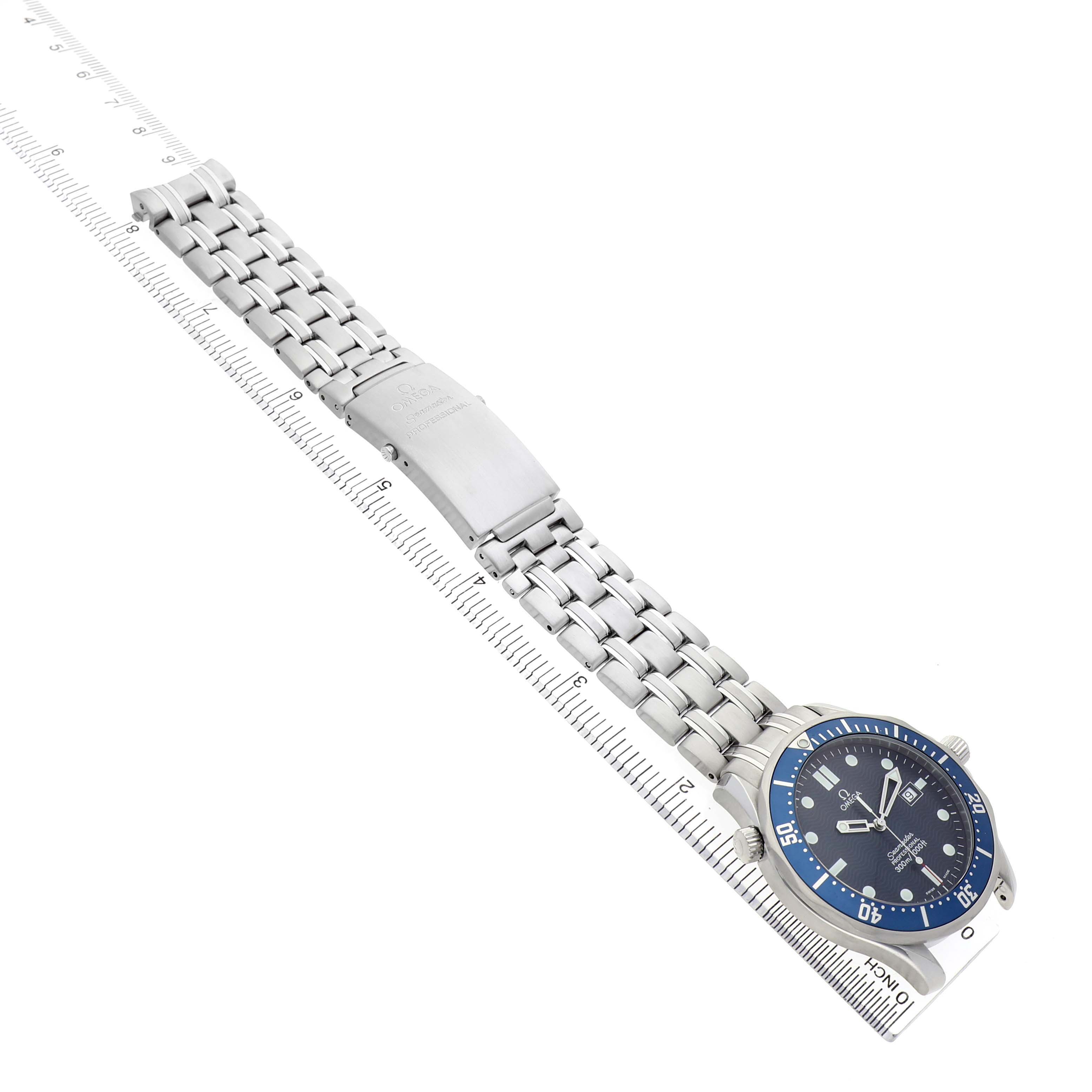 The Omega Seamaster 2541.80.00 Men's Stainless Steel Blue Dial watch is shown from a top angle, highlighting the face, bezel, bracelet, and clasp.