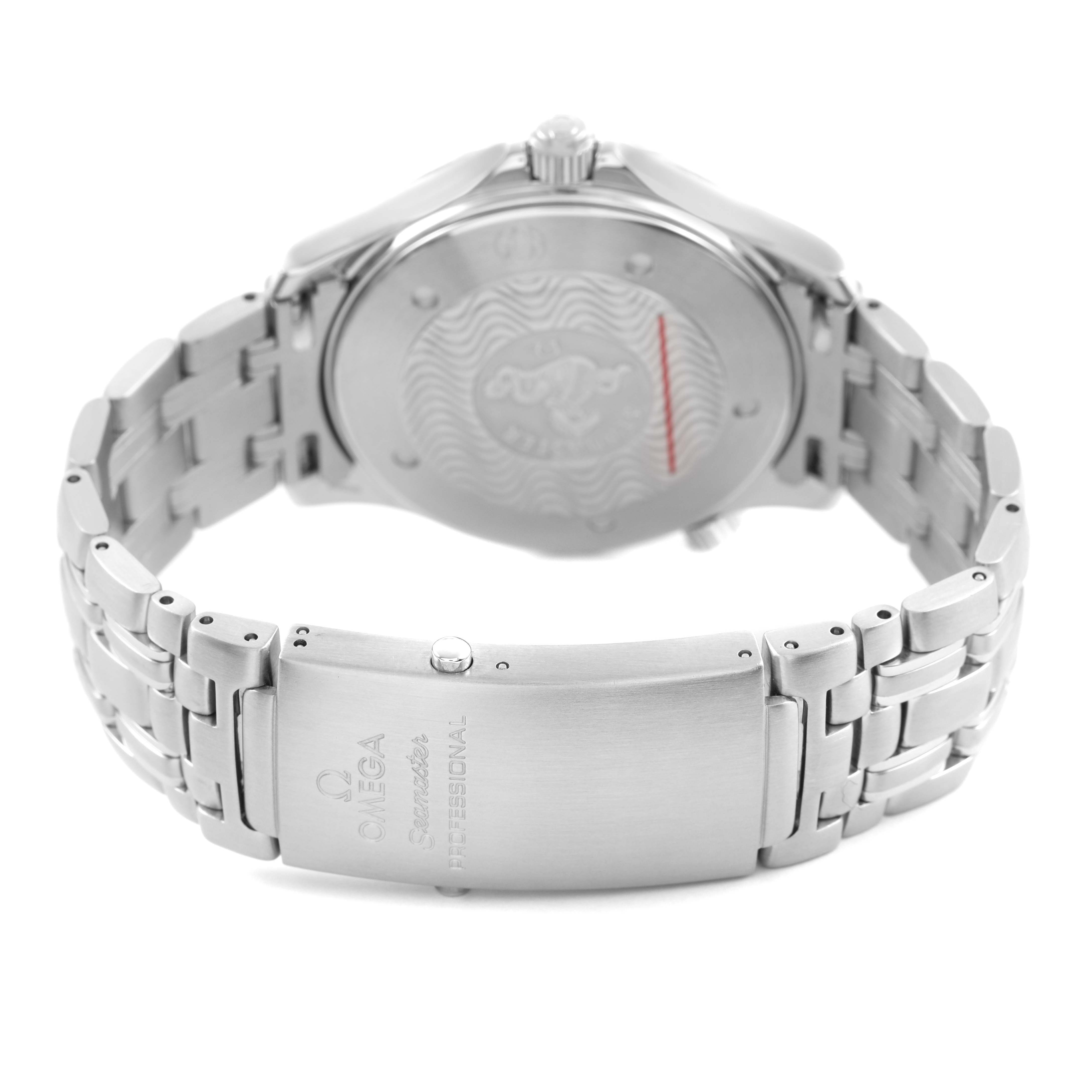 The Omega Seamaster 2541.80.00 Men's Stainless Steel Blue Dial watch is shown from the back, highlighting the bracelet, clasp, and engraved case back.