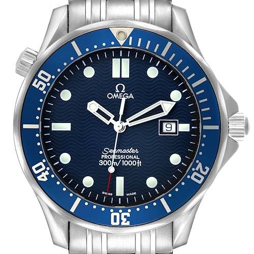The Omega Seamaster 2541.80.00 Mens Stainless Steel Blue Dial watch is shown from the front, displaying its blue dial, bezel, date window, and part of the bracelet.