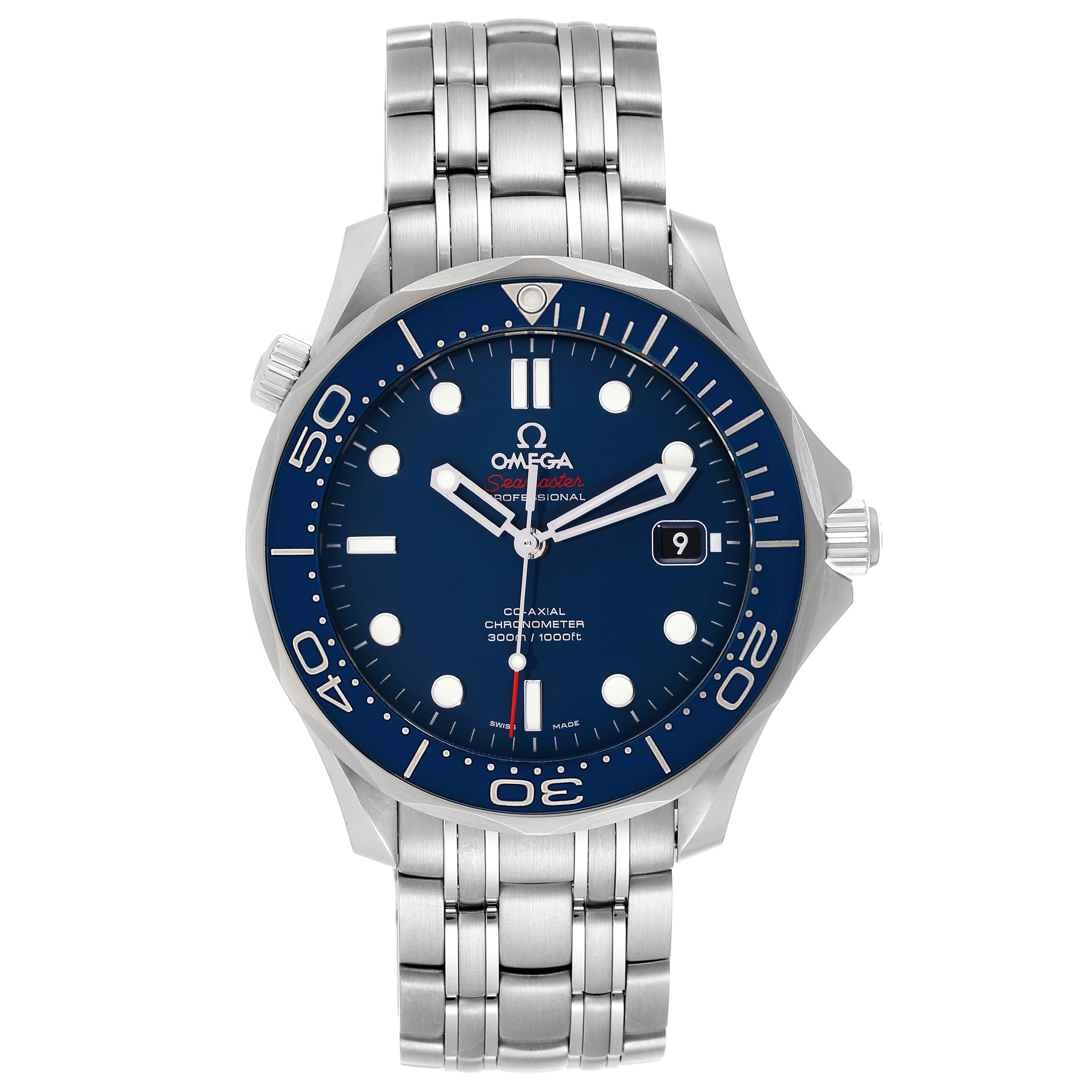 The image shows a front view of an Omega Seamaster 212.30.41.20.03.001 Men's Stainless Steel Blue Dial 212.30.41.20.03.001 Men's Stainless Steel Blue Dial watch, highlighting the face, bezel, crown, and stainless steel bracelet.