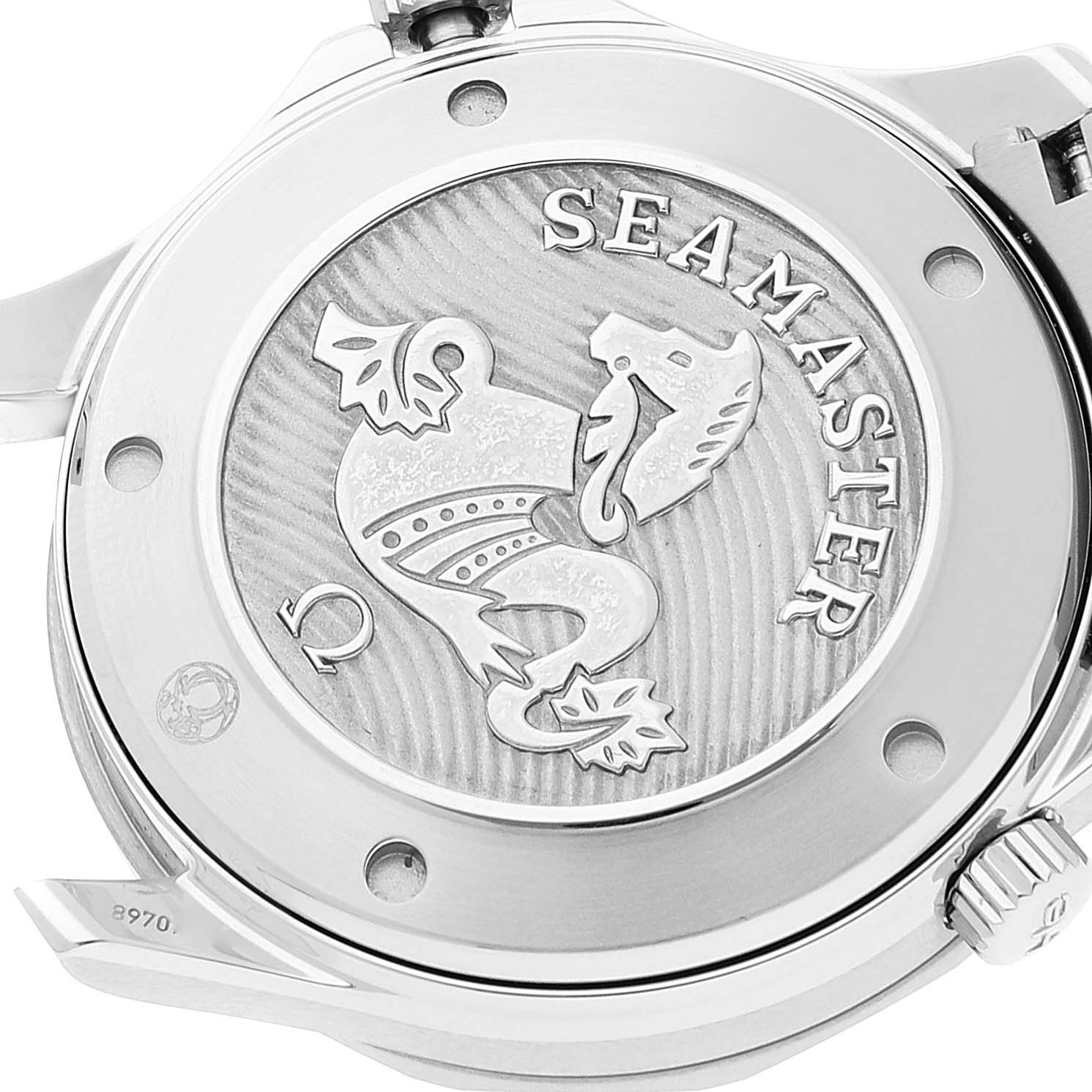 The image shows the case back of an Omega Seamaster 212.30.41.20.03.001 Men's Stainless Steel Blue Dial 212.30.41.20.03.001 Men's Stainless Steel Blue Dial watch with an engraved hippocampus design and the brand name.