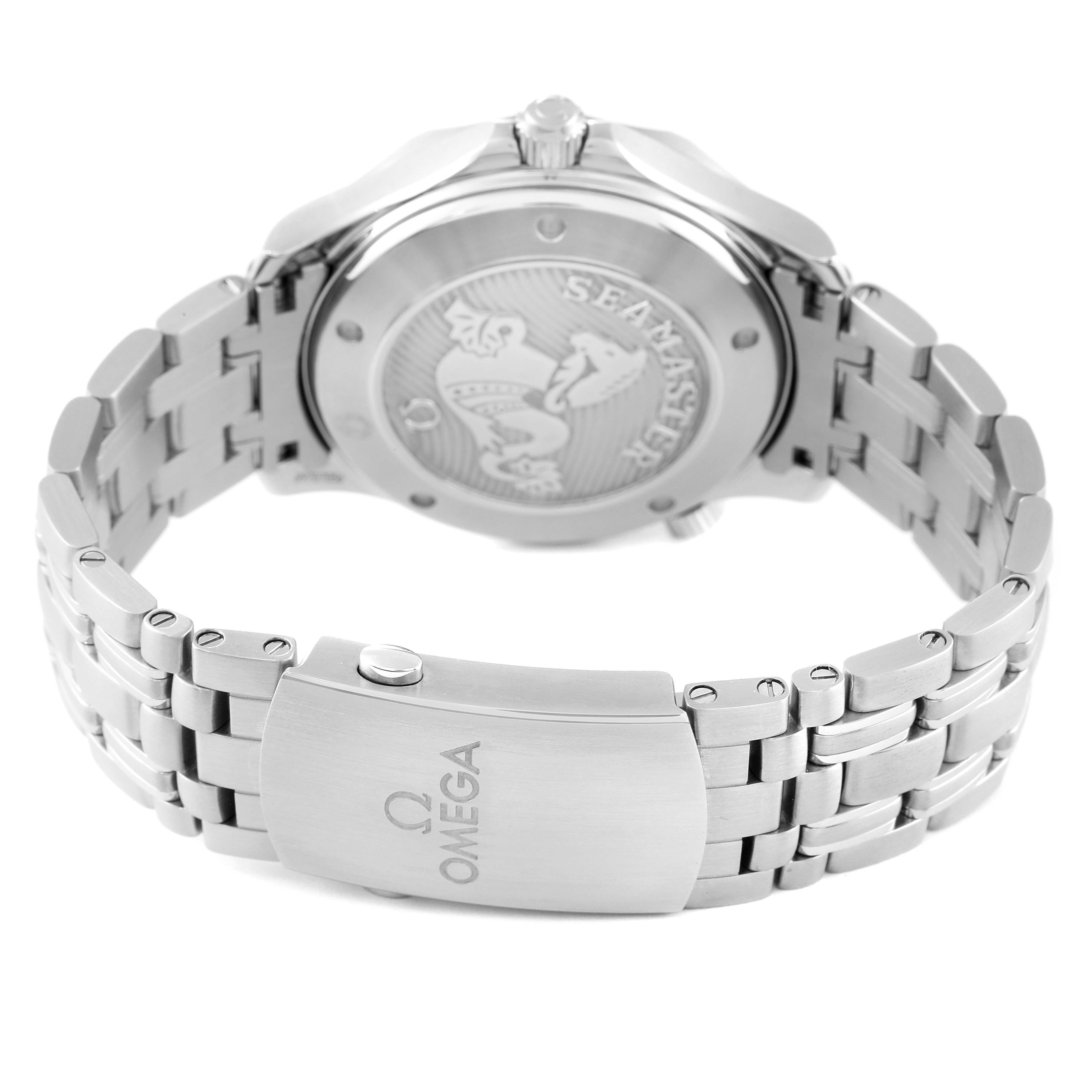 The image shows the back view of an Omega Seamaster 212.30.41.20.03.001 Men's Stainless Steel Blue Dial 212.30.41.20.03.001 Men's Stainless Steel Blue Dial watch, focusing on the case back and metal bracelet with the Omega logo on the clasp.