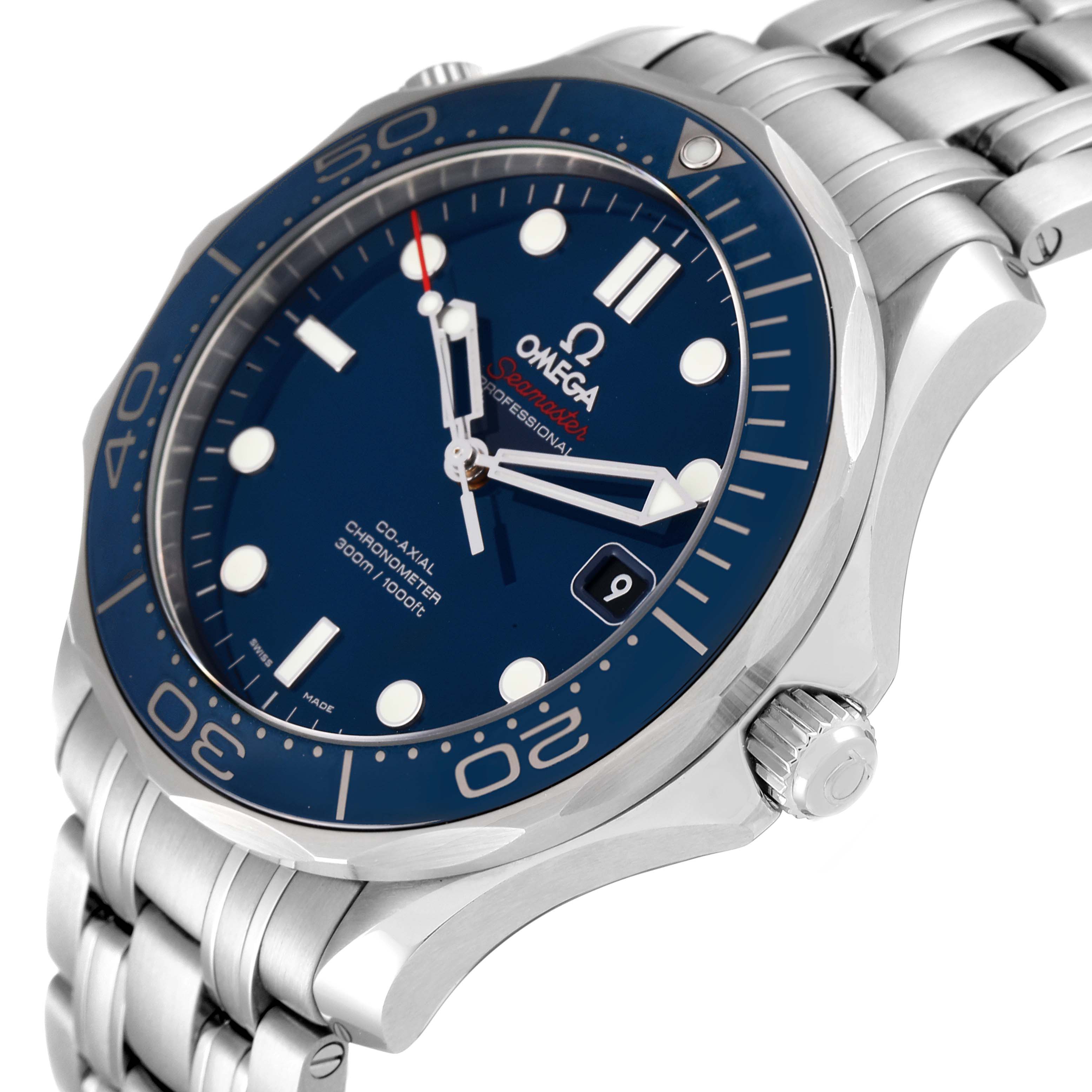 The angle shows a partial side view of the Omega Seamaster 212.30.41.20.03.001 Men's Stainless Steel Blue Dial 212.30.41.20.03.001 Men's Stainless Steel Blue Dial watch, highlighting the bezel, dial, crown, and metal bracelet.
