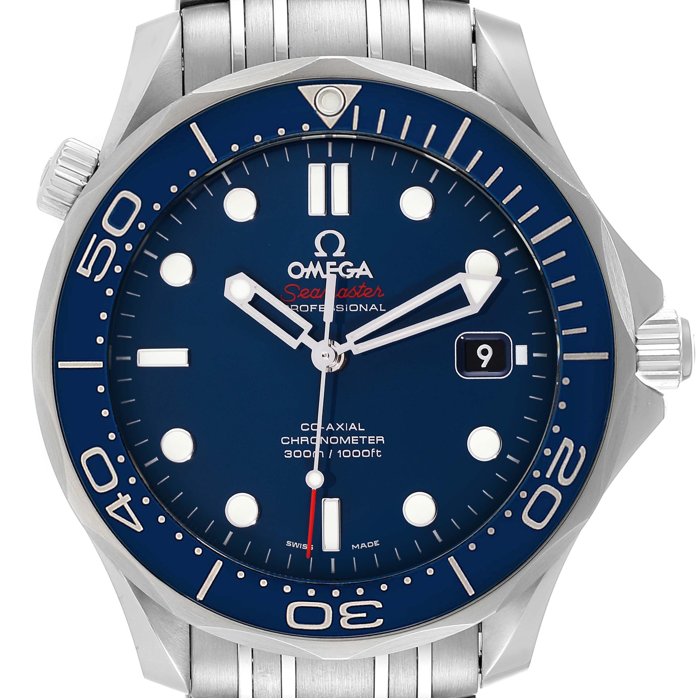 The image shows a front view of the Omega Seamaster 212.30.41.20.03.001 Men's Stainless Steel Blue Dial 212.30.41.20.03.001 Men's Stainless Steel Blue Dial watch, highlighting its blue dial, bezel, and metal bracelet.