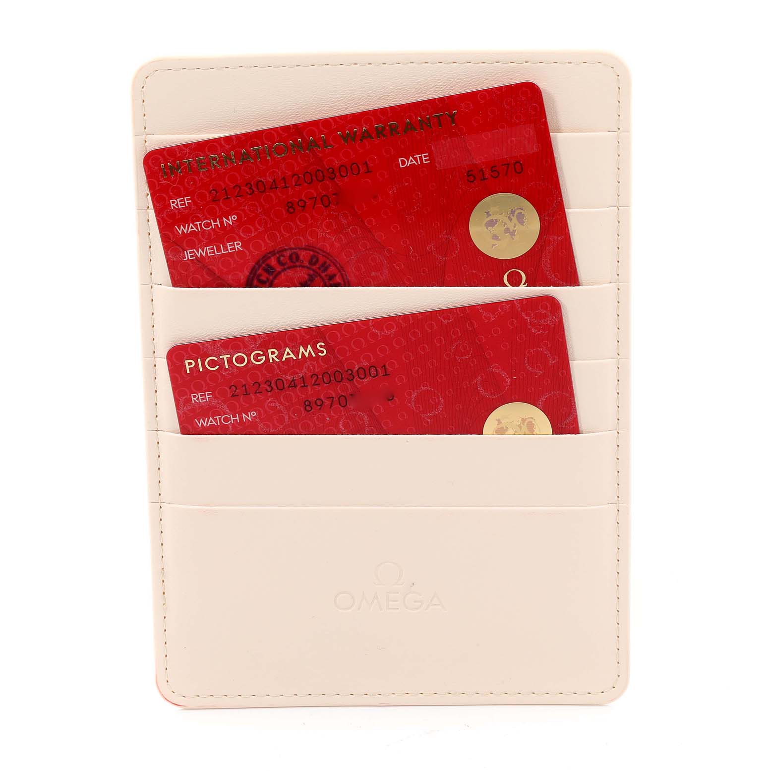 The image shows Omega Seamaster 212.30.41.20.03.001 Men's Stainless Steel Blue Dial 212.30.41.20.03.001 Men's Stainless Steel Blue Dial model warranty and pictogram cards in a beige cardholder.