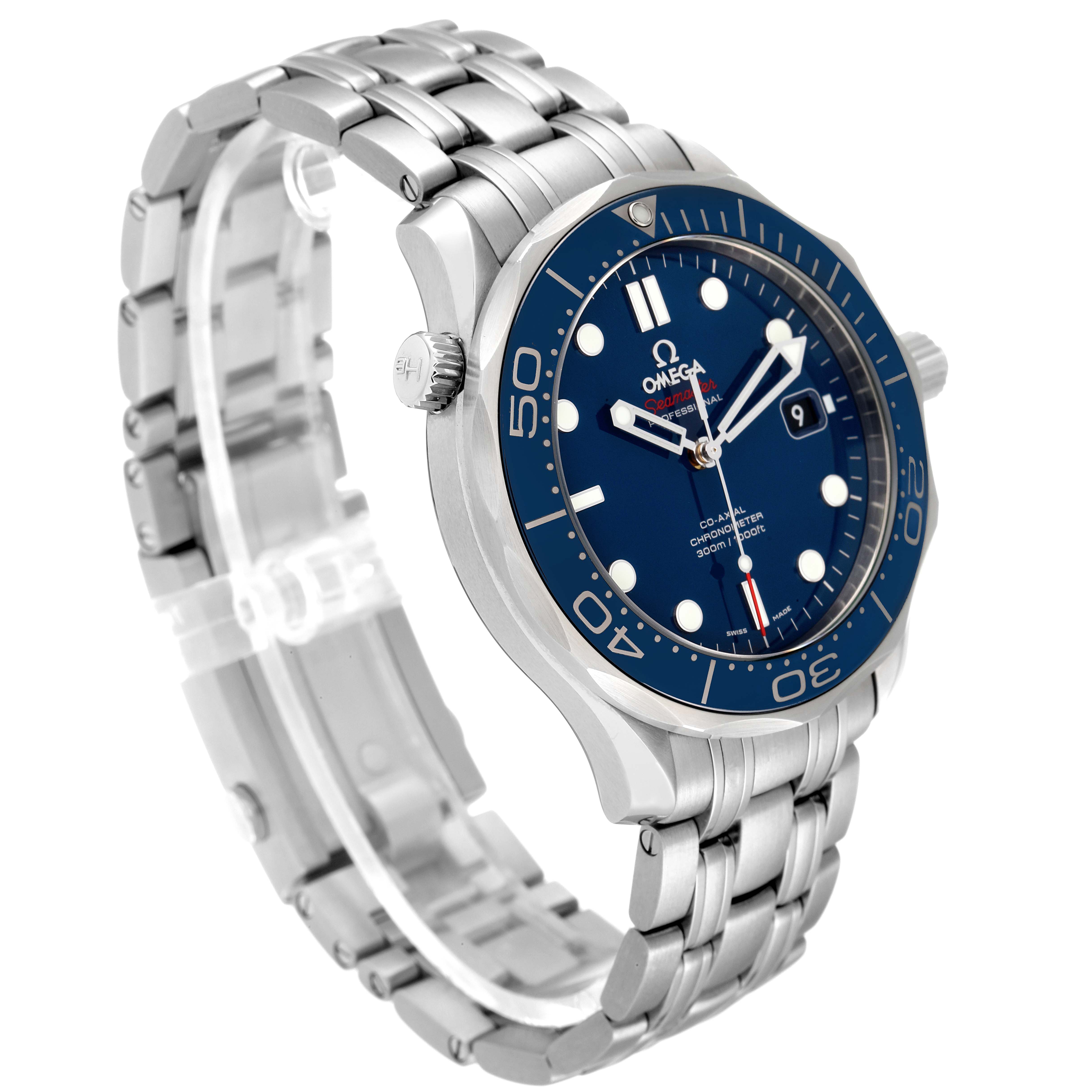 The image shows an Omega Seamaster 212.30.41.20.03.001 Men's Stainless Steel Blue Dial 212.30.41.20.03.001 Men's Stainless Steel Blue Dial watch with a blue dial and stainless steel bracelet, captured at an angled side view.