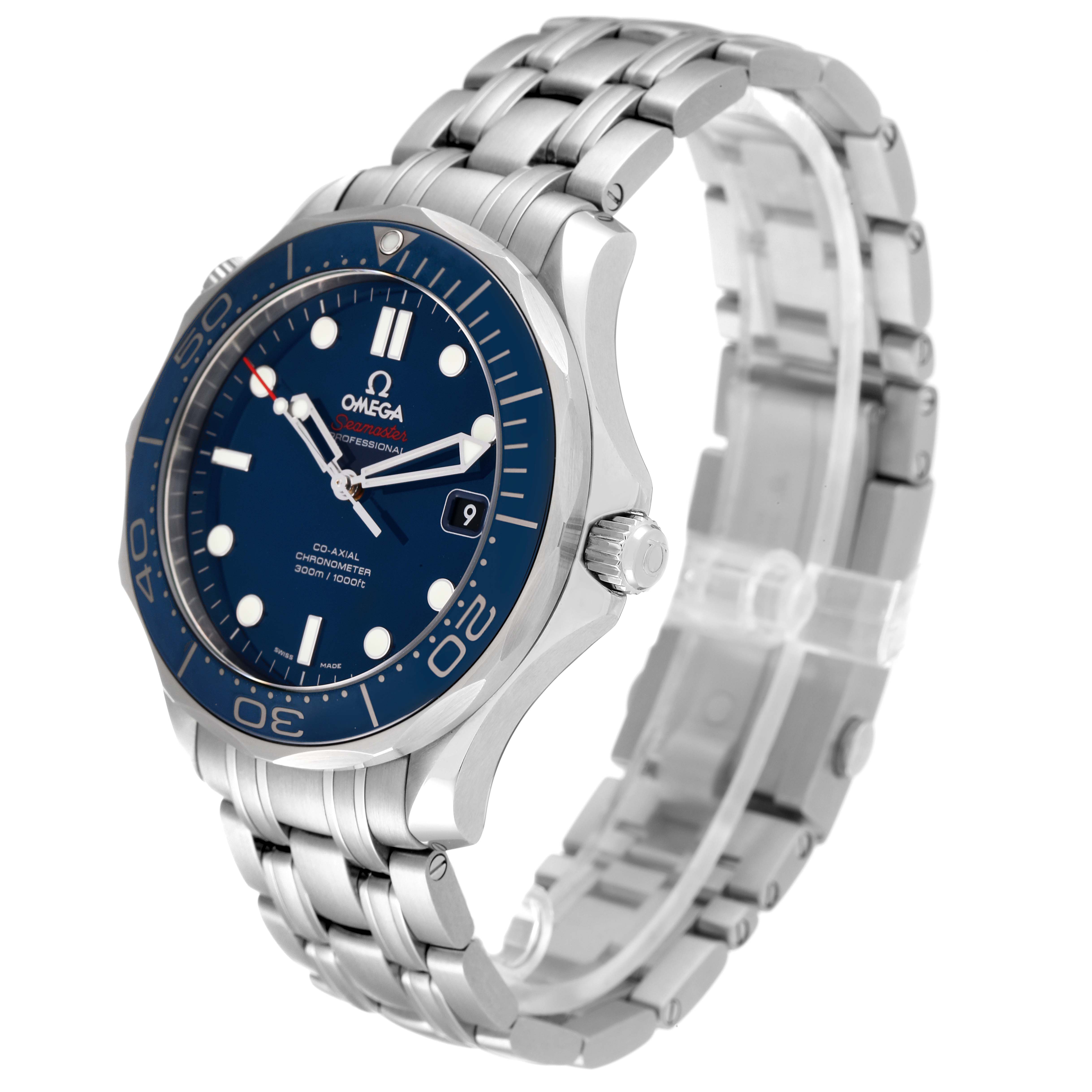 The image shows an Omega Seamaster 212.30.41.20.03.001 Men's Stainless Steel Blue Dial 212.30.41.20.03.001 Men's Stainless Steel Blue Dial watch at a side view angle, highlighting the face, bezel, crown, and stainless steel bracelet.