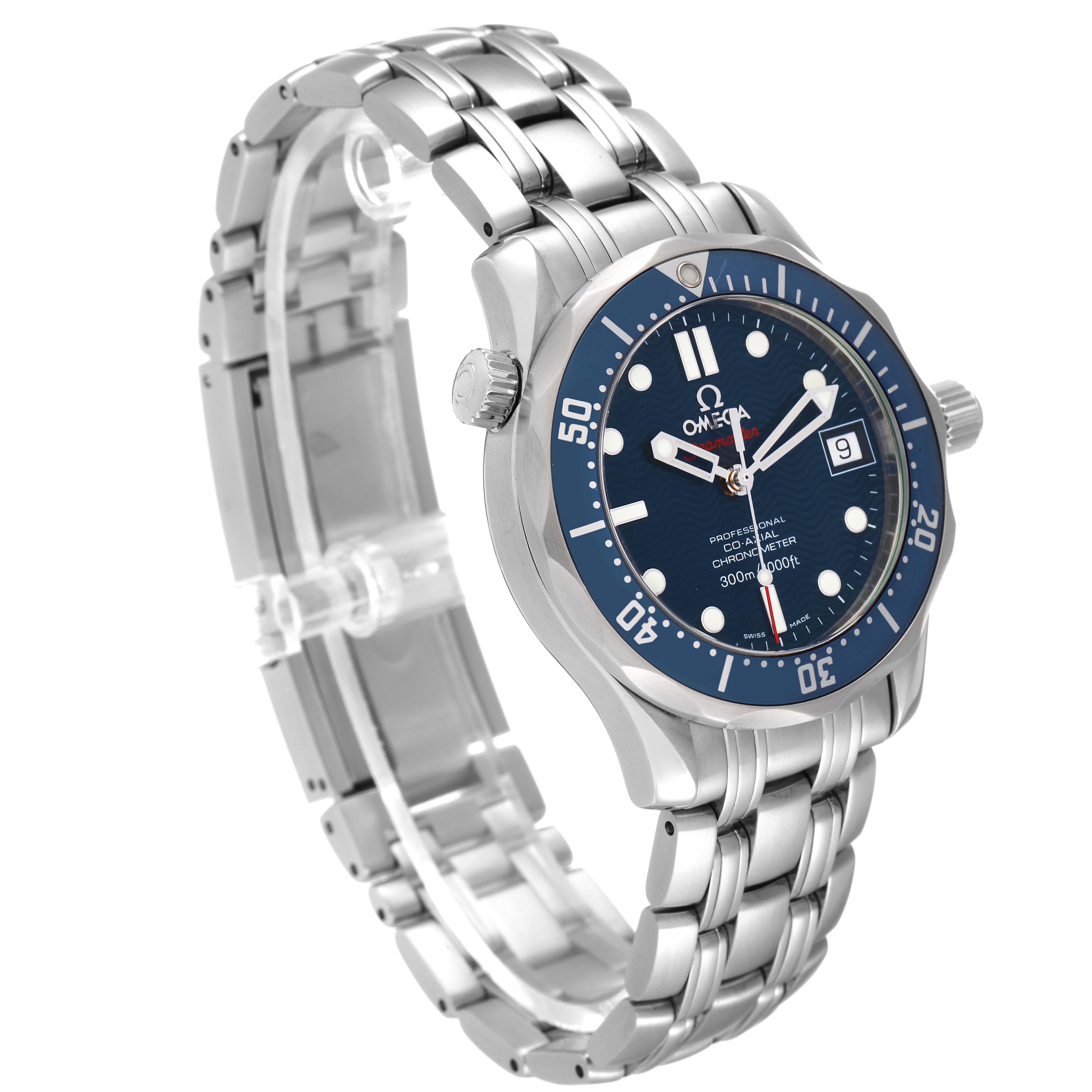 The image shows an Omega Seamaster 2222.80.00 Men's Stainless Steel Blue Dial 2222.80.00 Men's Stainless Steel Blue Dial watch from a slightly angled side view, displaying its blue dial, bezel, and stainless steel bracelet.