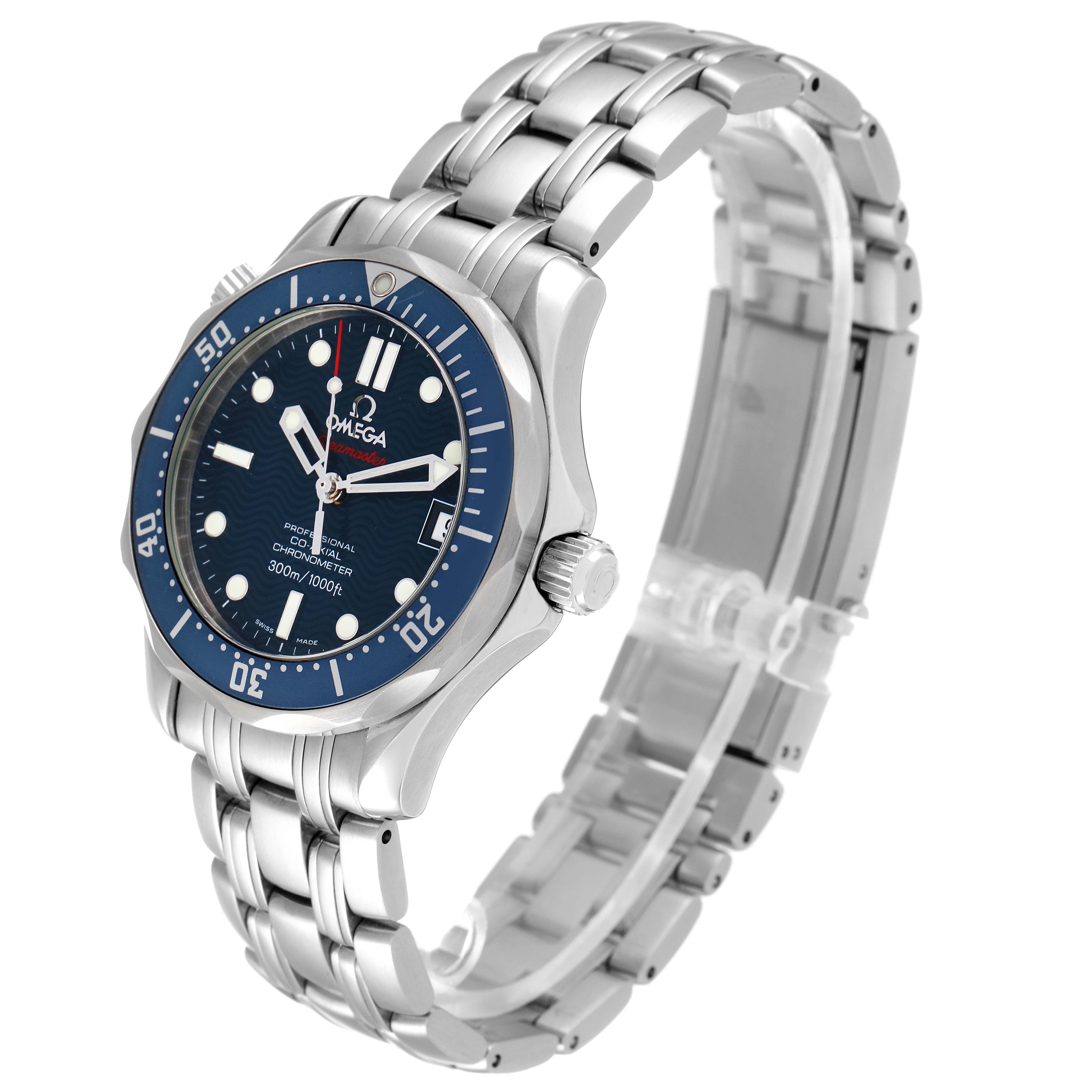 This image shows a side-angle view of the Omega Seamaster 2222.80.00 Men's Stainless Steel Blue Dial 2222.80.00 Men's Stainless Steel Blue Dial watch, highlighting the dial, crown, bezel, and stainless steel bracelet.