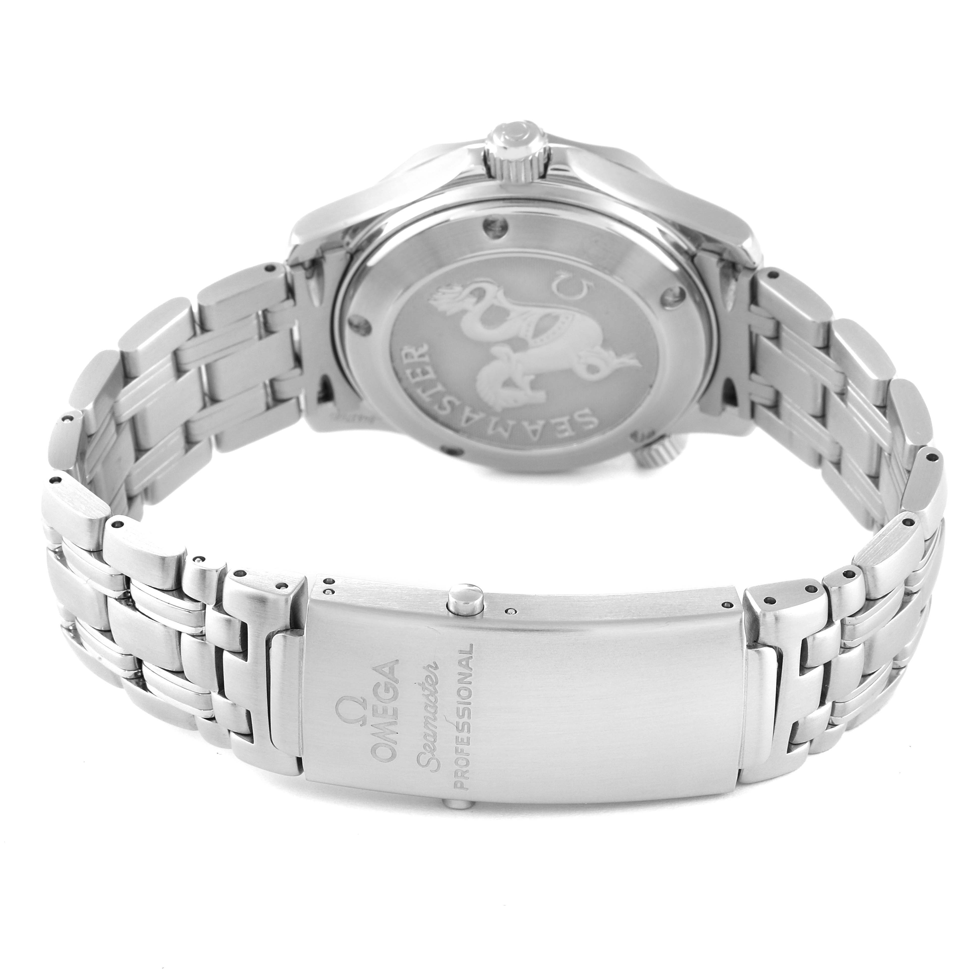 The image shows the back of an Omega Seamaster 2222.80.00 Men's Stainless Steel Blue Dial 2222.80.00 Men's Stainless Steel Blue Dial watch and its metal bracelet with the clasp visible.