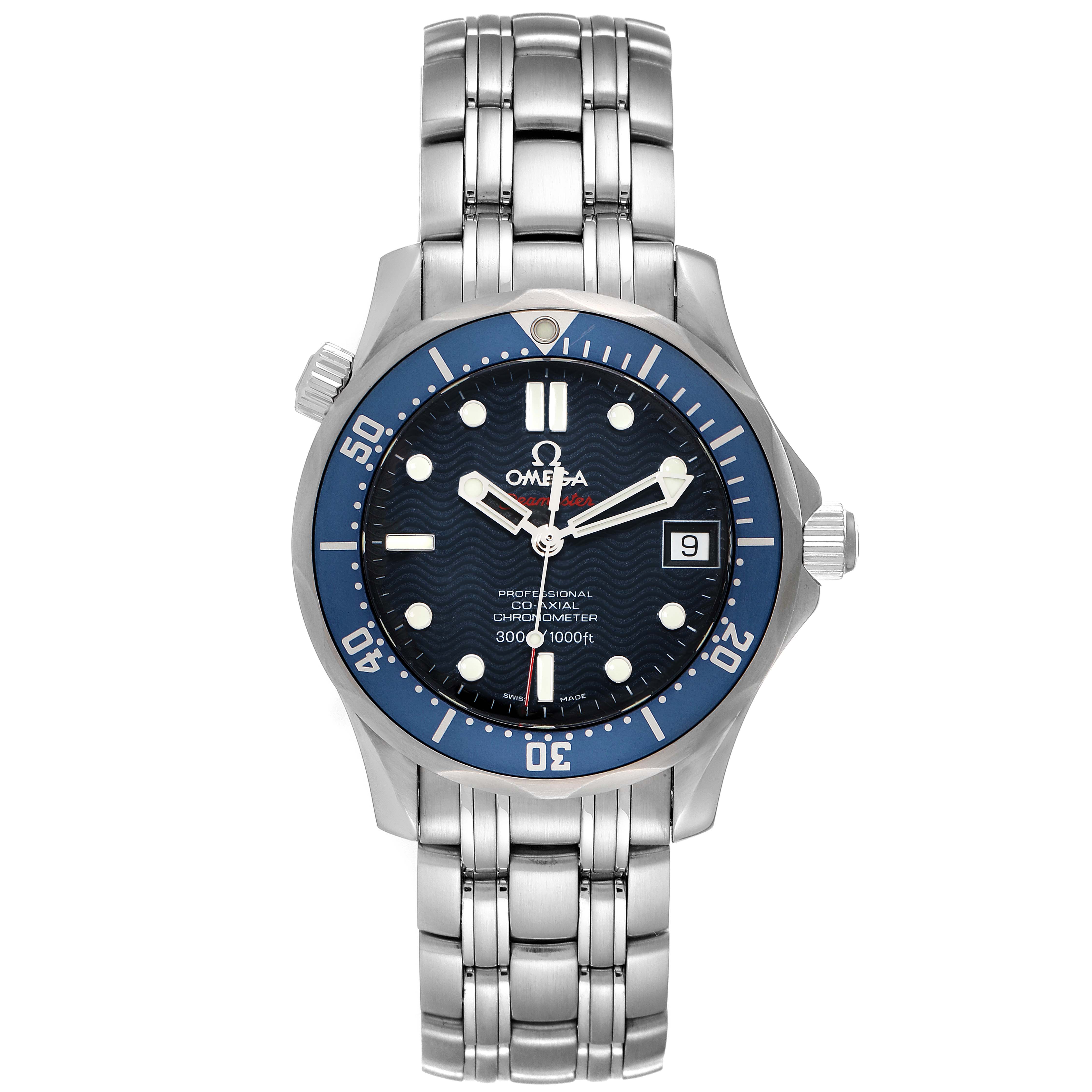 The Omega Seamaster 2222.80.00 Men's Stainless Steel Blue Dial 2222.80.00 Men's Stainless Steel Blue Dial watch is shown from a front angle, displaying the dial, bezel, case, and stainless steel bracelet.