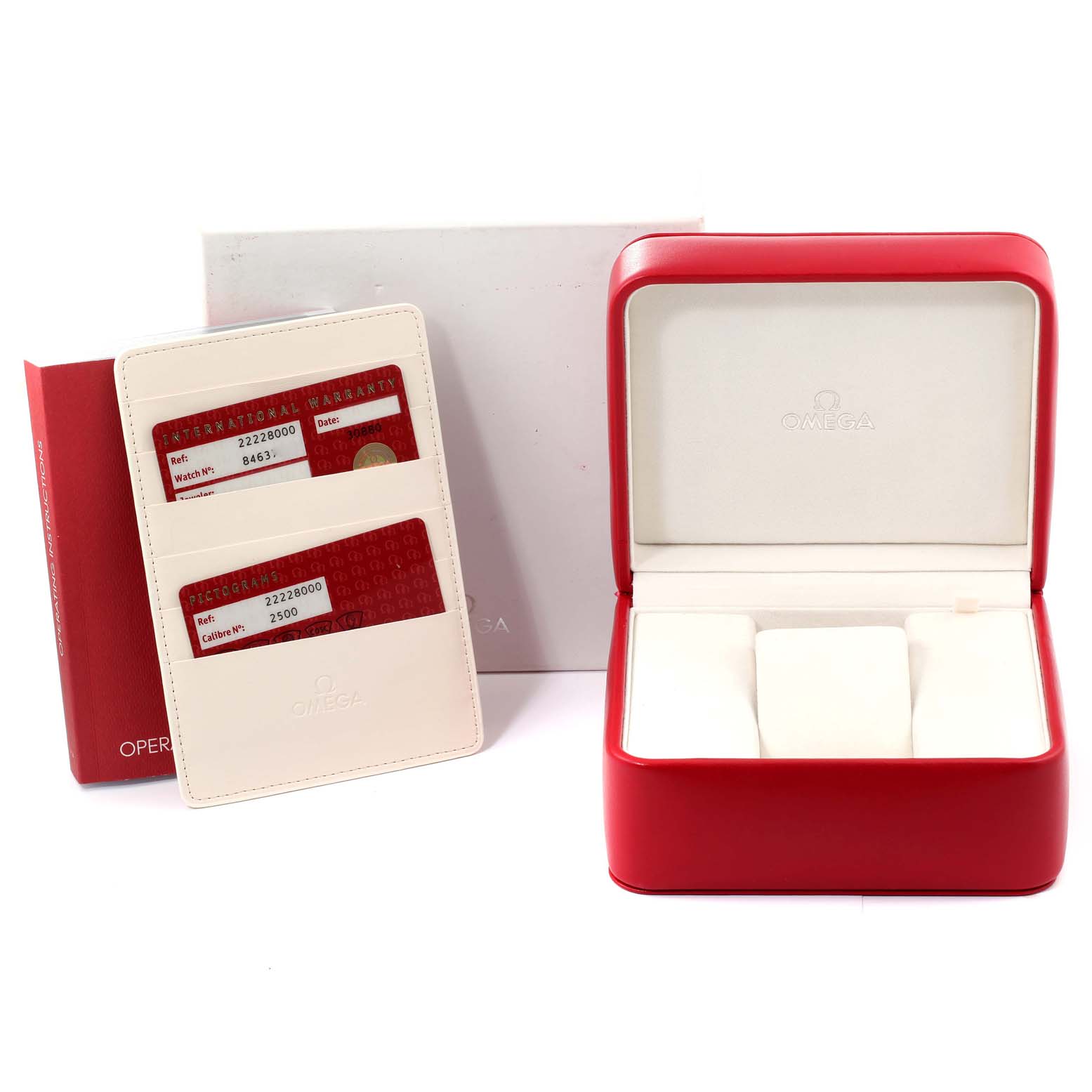 The image shows an empty Omega Seamaster 2222.80.00 Men's Stainless Steel Blue Dial 2222.80.00 Men's Stainless Steel Blue Dial watch box, warranty cards, instruction manual, and outer box.