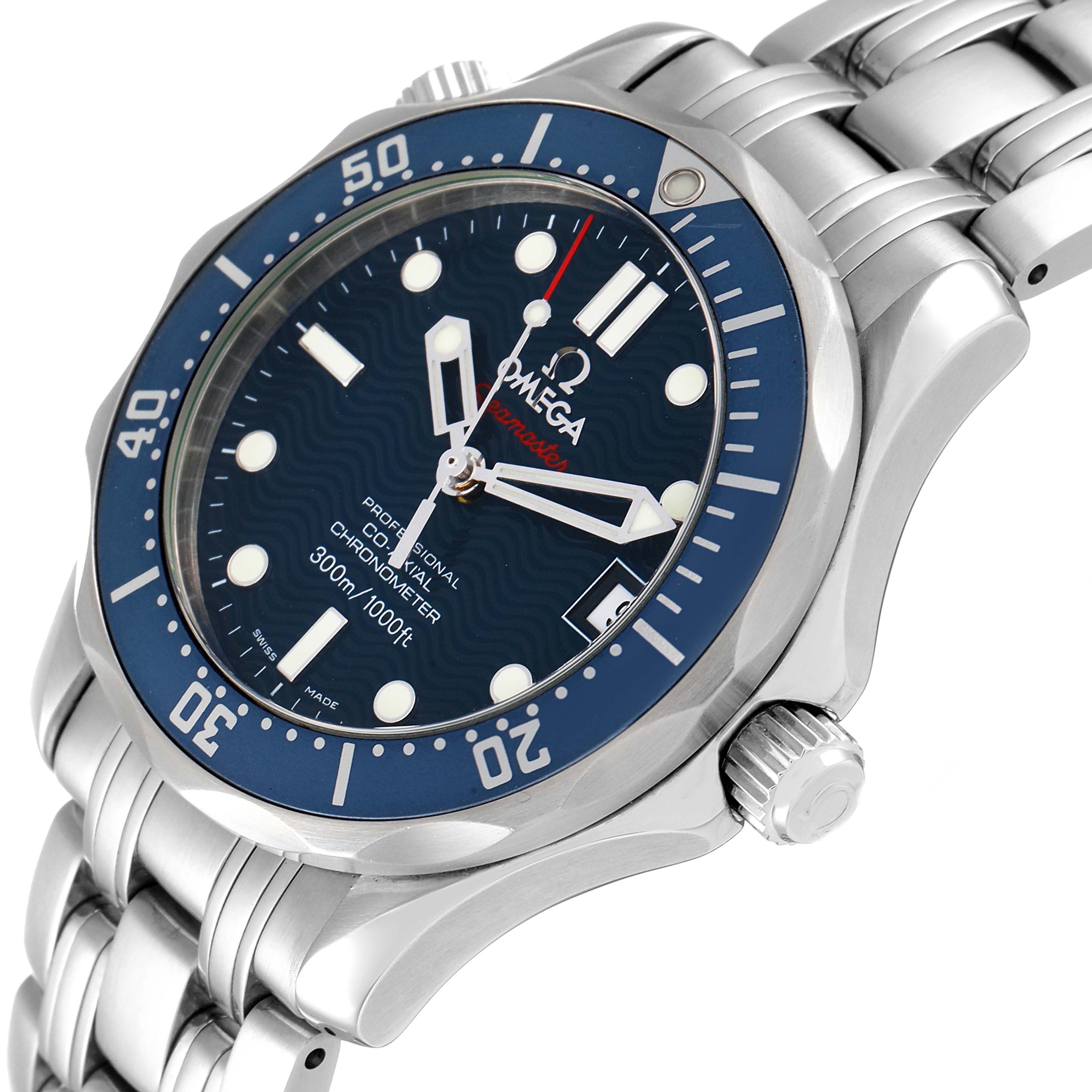 The image shows a close-up of an Omega Seamaster 2222.80.00 Men's Stainless Steel Blue Dial 2222.80.00 Men's Stainless Steel Blue Dial watch, displaying its blue dial, bezel, crown, and stainless steel bracelet.