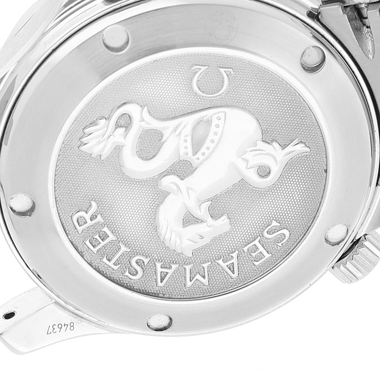 The image shows the case back of an Omega Seamaster 2222.80.00 Men's Stainless Steel Blue Dial 2222.80.00 Men's Stainless Steel Blue Dial watch, featuring an embossed seahorse and engraved text.