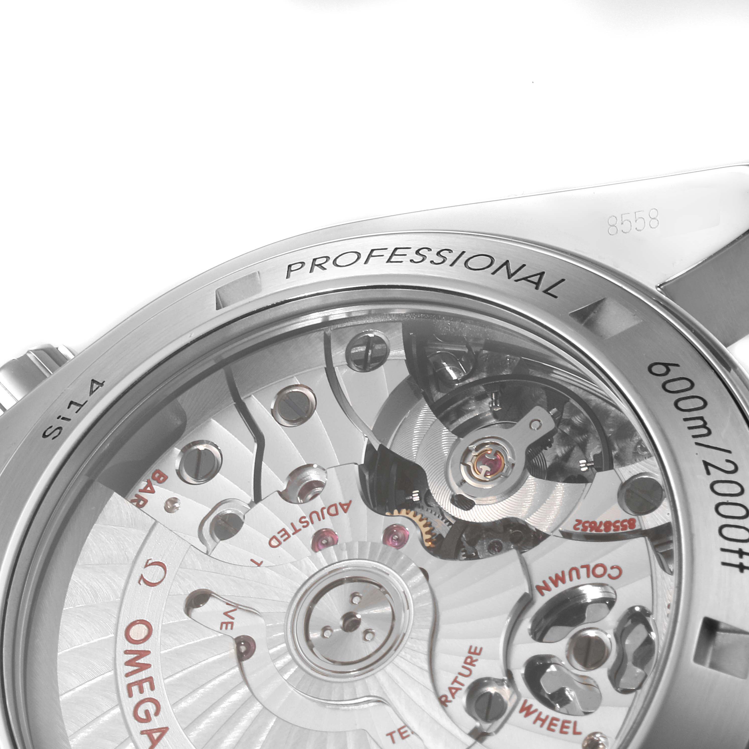 This image shows the back view of the Omega Planet Ocean 232.30.46.51.01.001 Men
s Stainless Steel Black Dial 232.30.46.51.01.001 Men
s Stainless Steel Black Dial watch, highlighting the movement and internal mechanical parts.