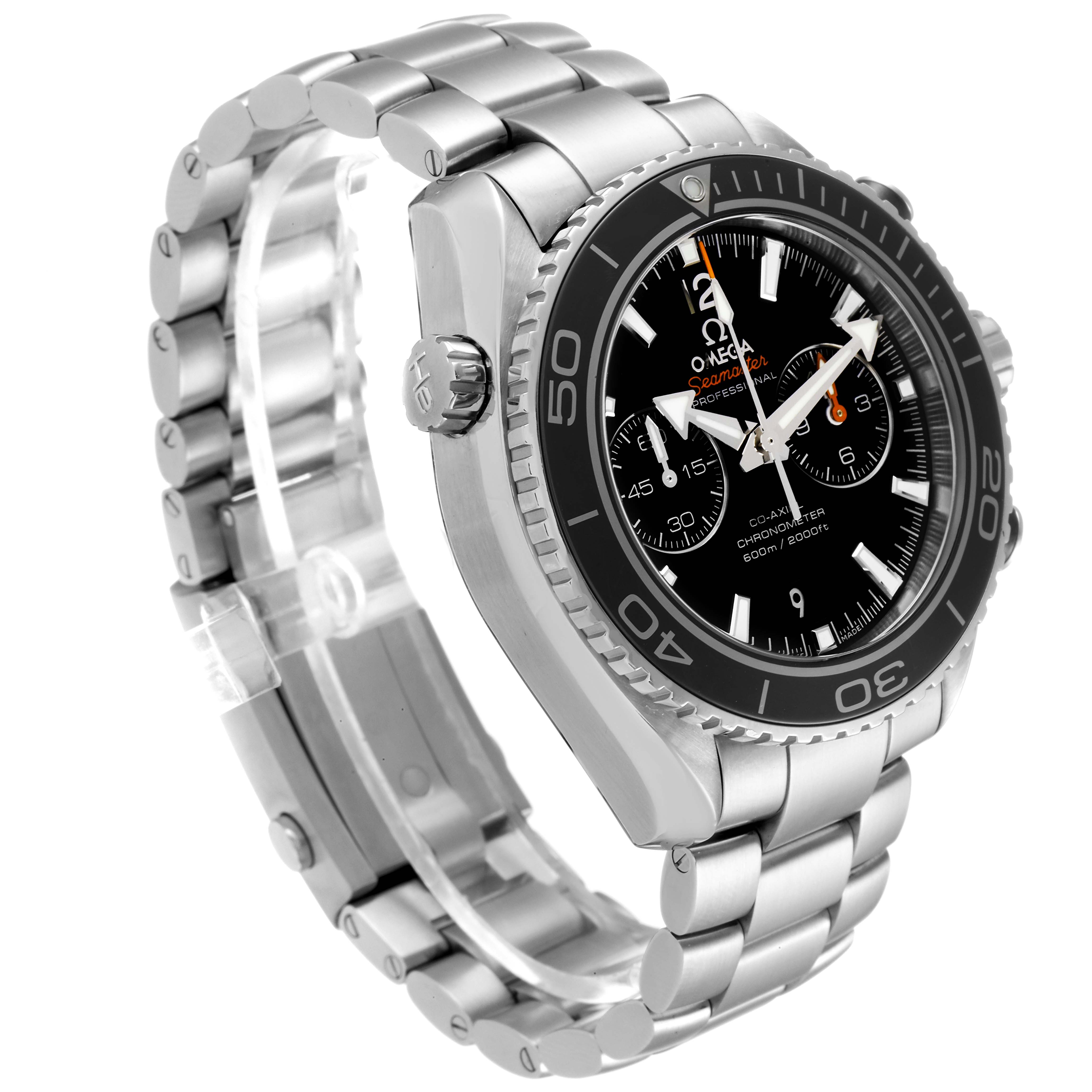 The image shows a side angle view of an Omega Planet Ocean 232.30.46.51.01.001 Men
s Stainless Steel Black Dial 232.30.46.51.01.001 Men
s Stainless Steel Black Dial watch, highlighting the bezel, crown, and stainless steel bracelet.