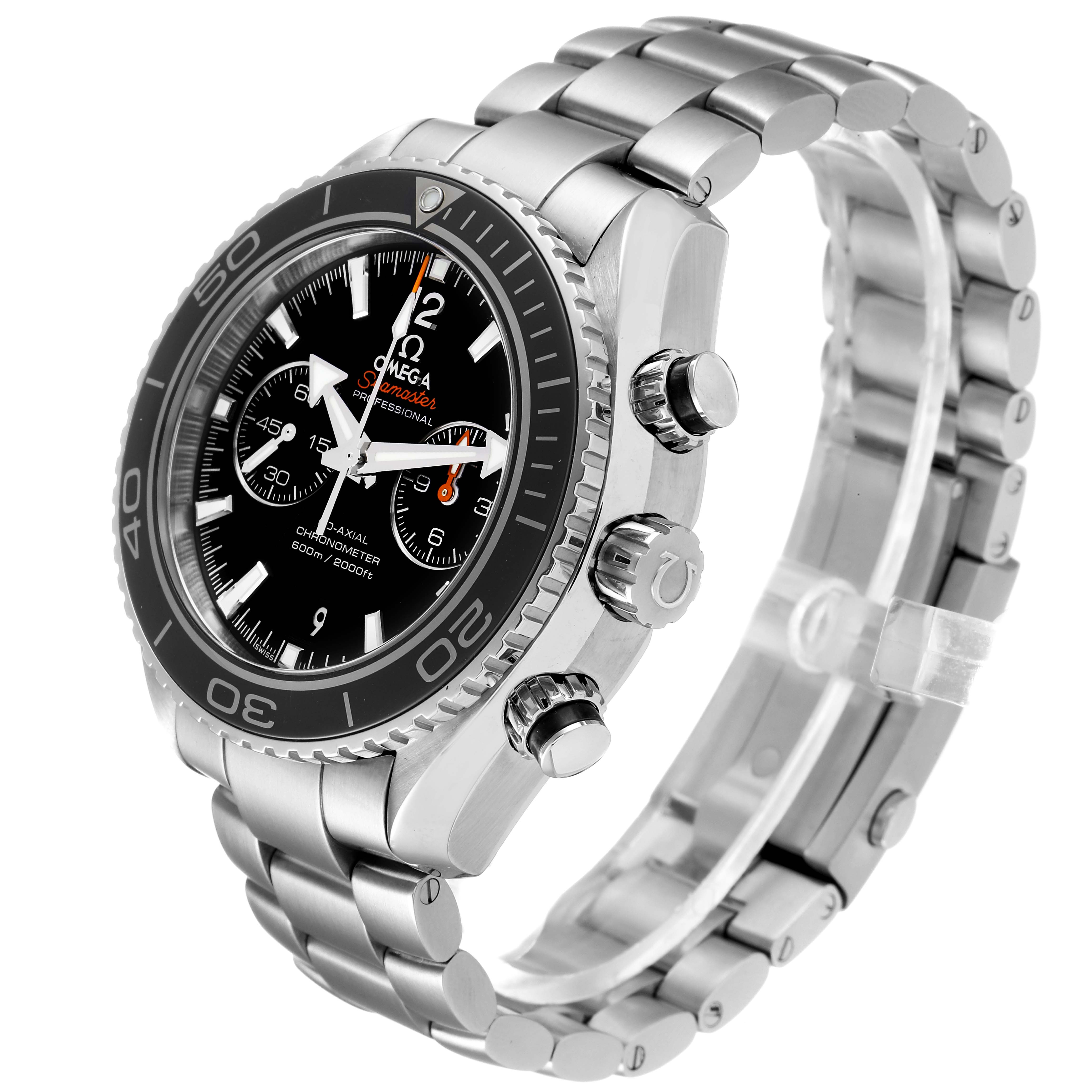 This Omega Planet Ocean 232.30.46.51.01.001 Men
s Stainless Steel Black Dial 232.30.46.51.01.001 Men
s Stainless Steel Black Dial watch is shown at an angle highlighting the face, bezel, side buttons, and metal bracelet.