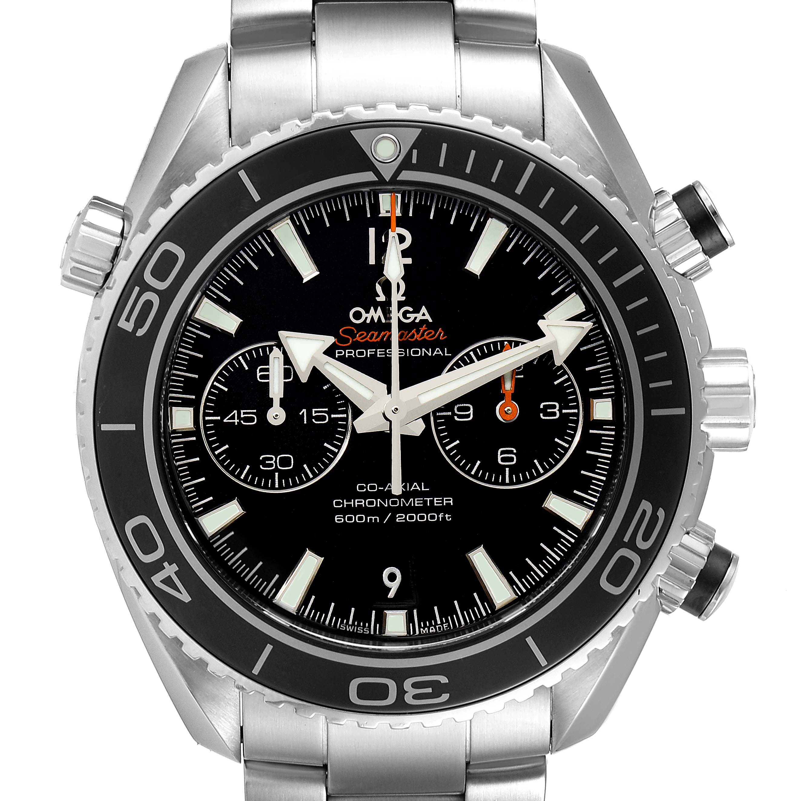 Front view of the Omega Planet Ocean 232.30.46.51.01.001 Men
s Stainless Steel Black Dial 232.30.46.51.01.001 Men
s Stainless Steel Black Dial Seamaster watch, showcasing the dial, subdials, bezel, and bracelet.