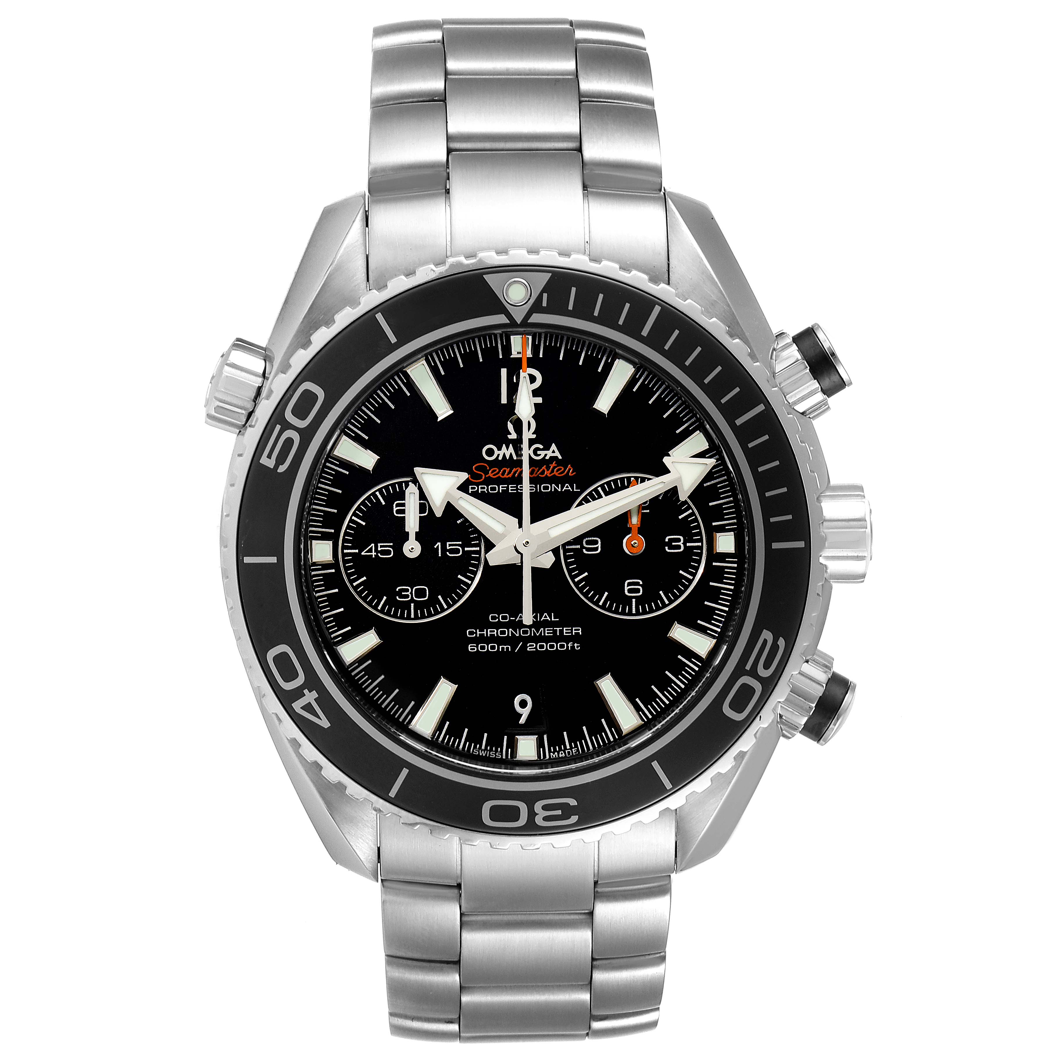 The image shows a front view of the Omega Seamaster Planet Ocean watch, displaying the dial, bezel, and bracelet.