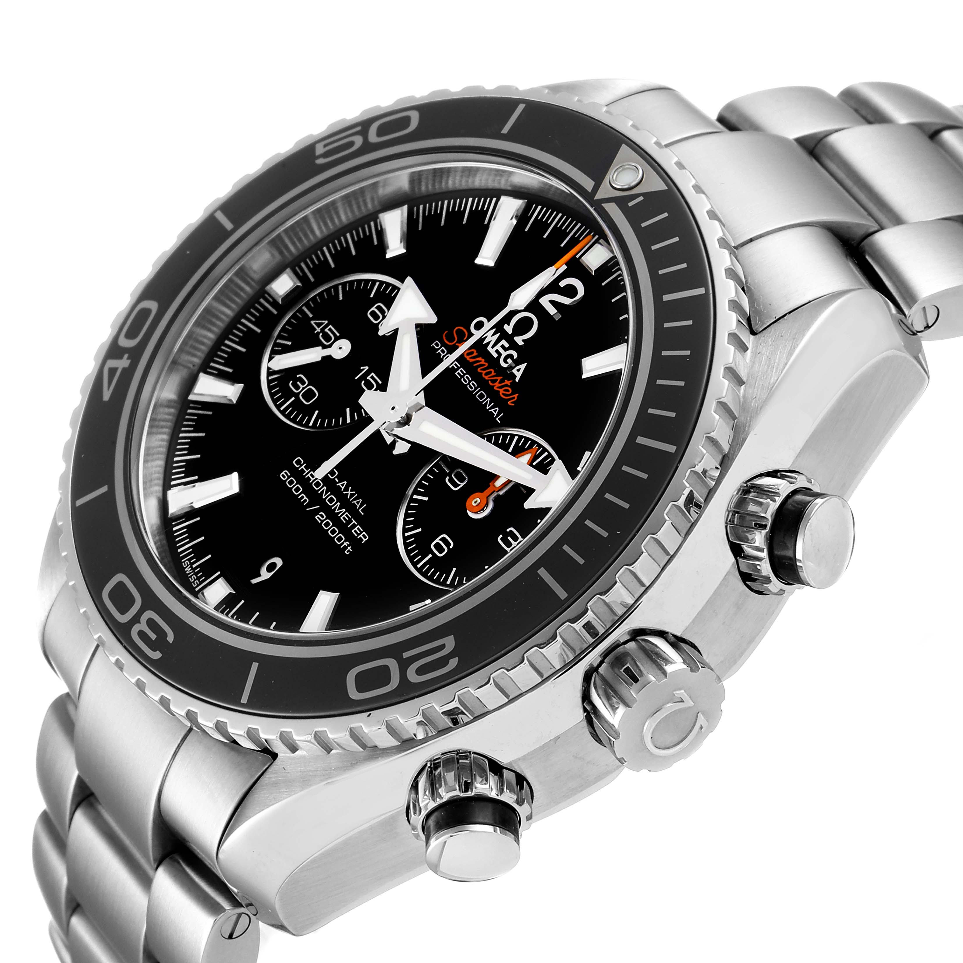 The image shows a side angle of the Omega Planet Ocean 232.30.46.51.01.001 Men
s Stainless Steel Black Dial 232.30.46.51.01.001 Men
s Stainless Steel Black Dial watch, highlighting the bezel, dial, crown, and pushers.